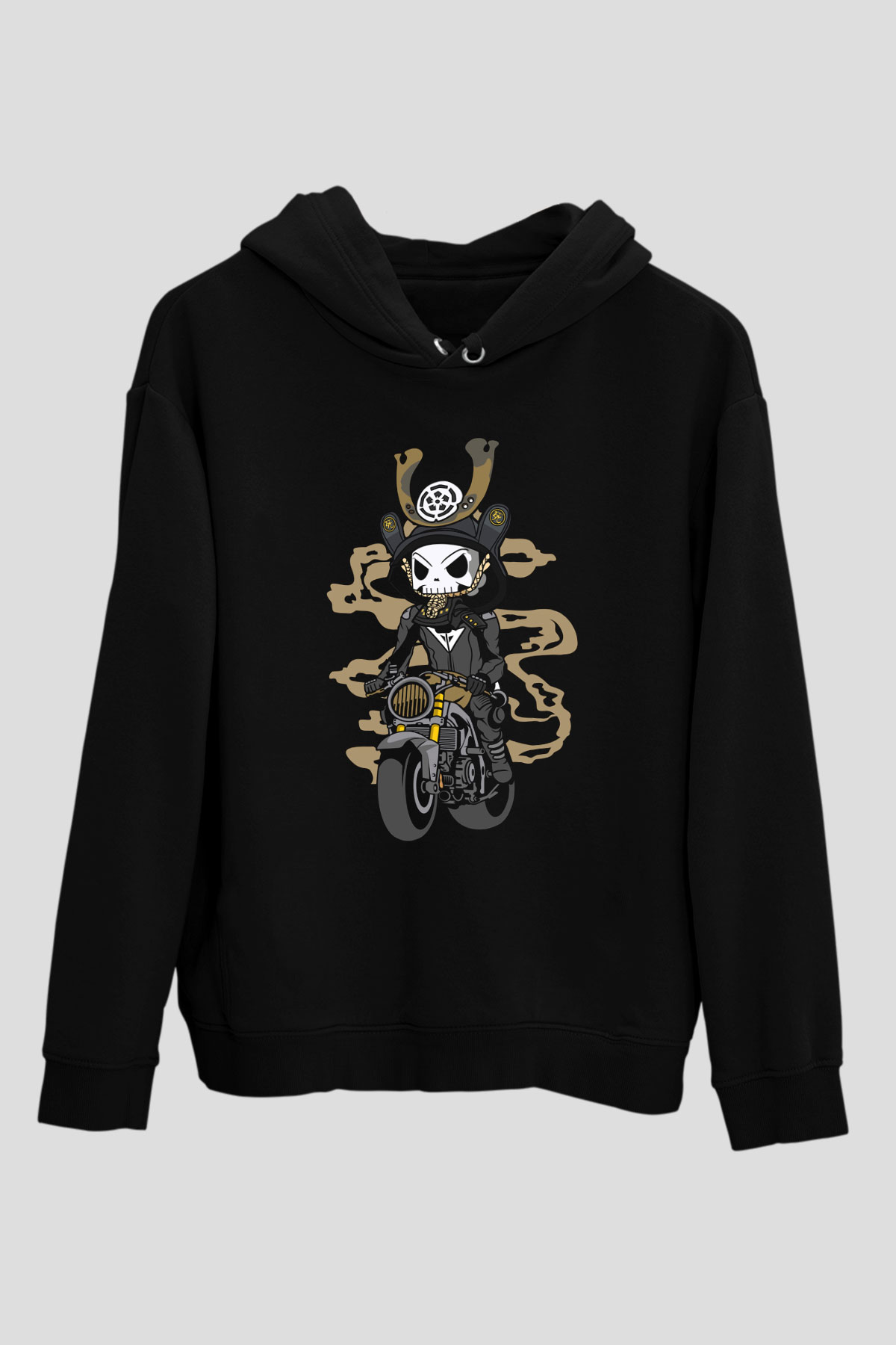 Samurai Biker Baskılı Siyah Unisex Hoodie