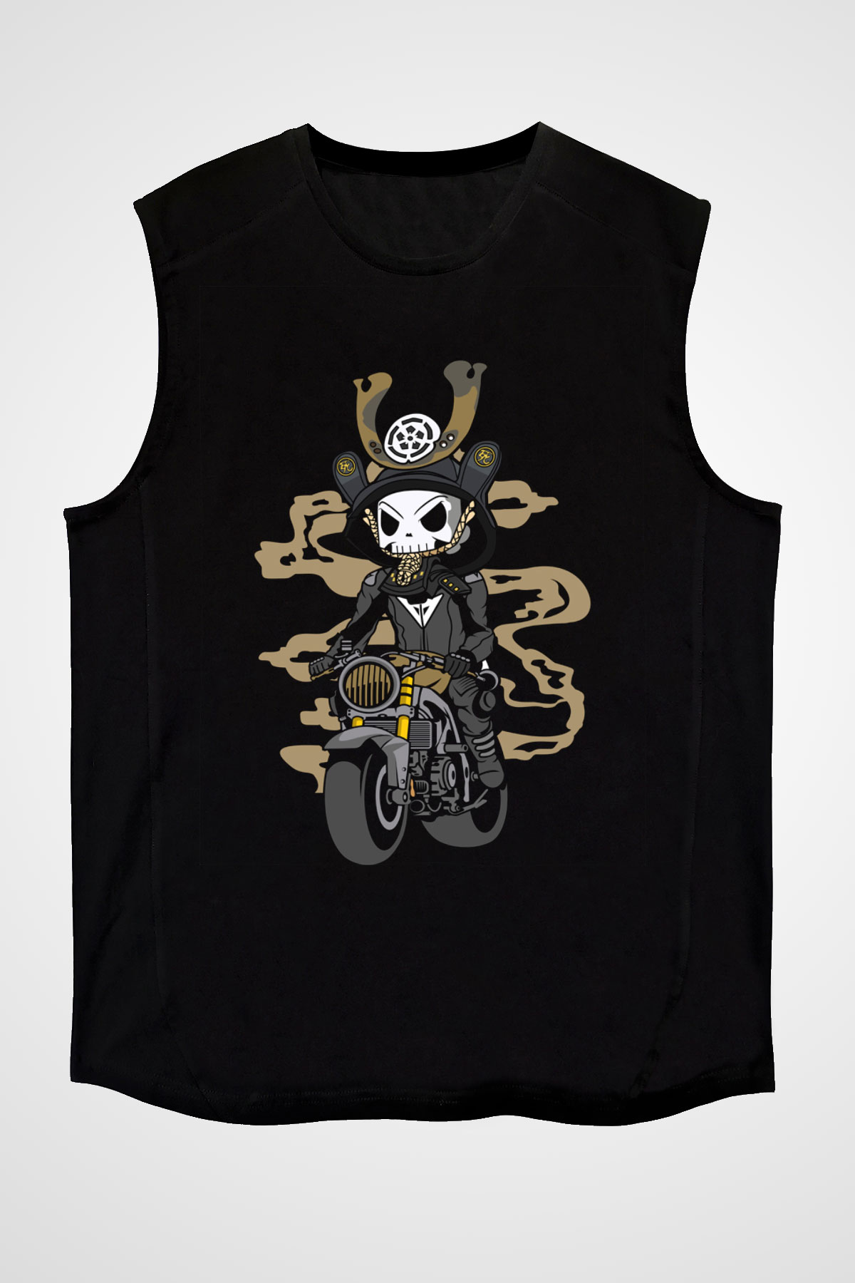 Samurai Biker Baskılı Siyah Unisex Kolsuz Tişört