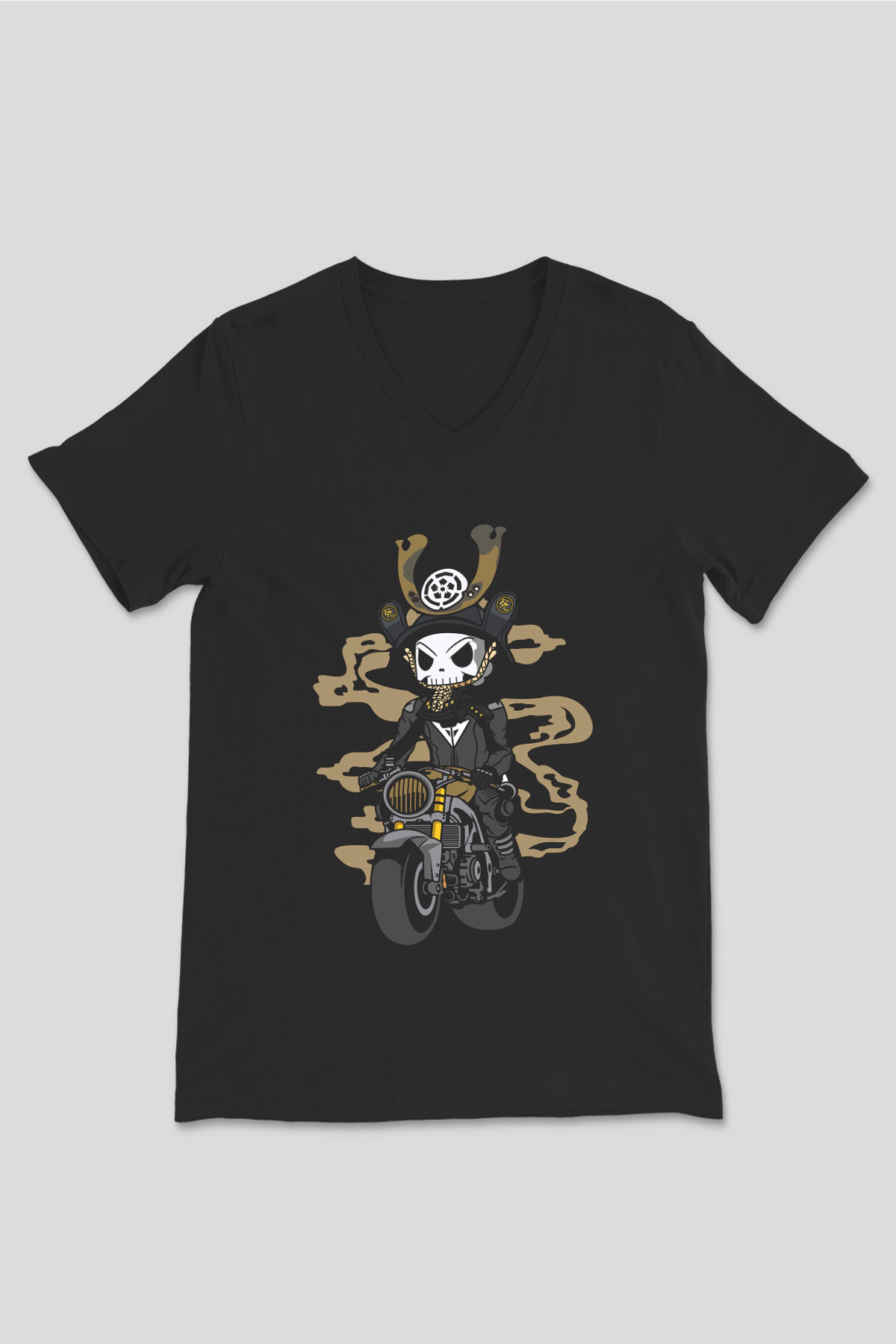 Samurai Biker Baskılı Siyah Unisex V Yaka Tişört