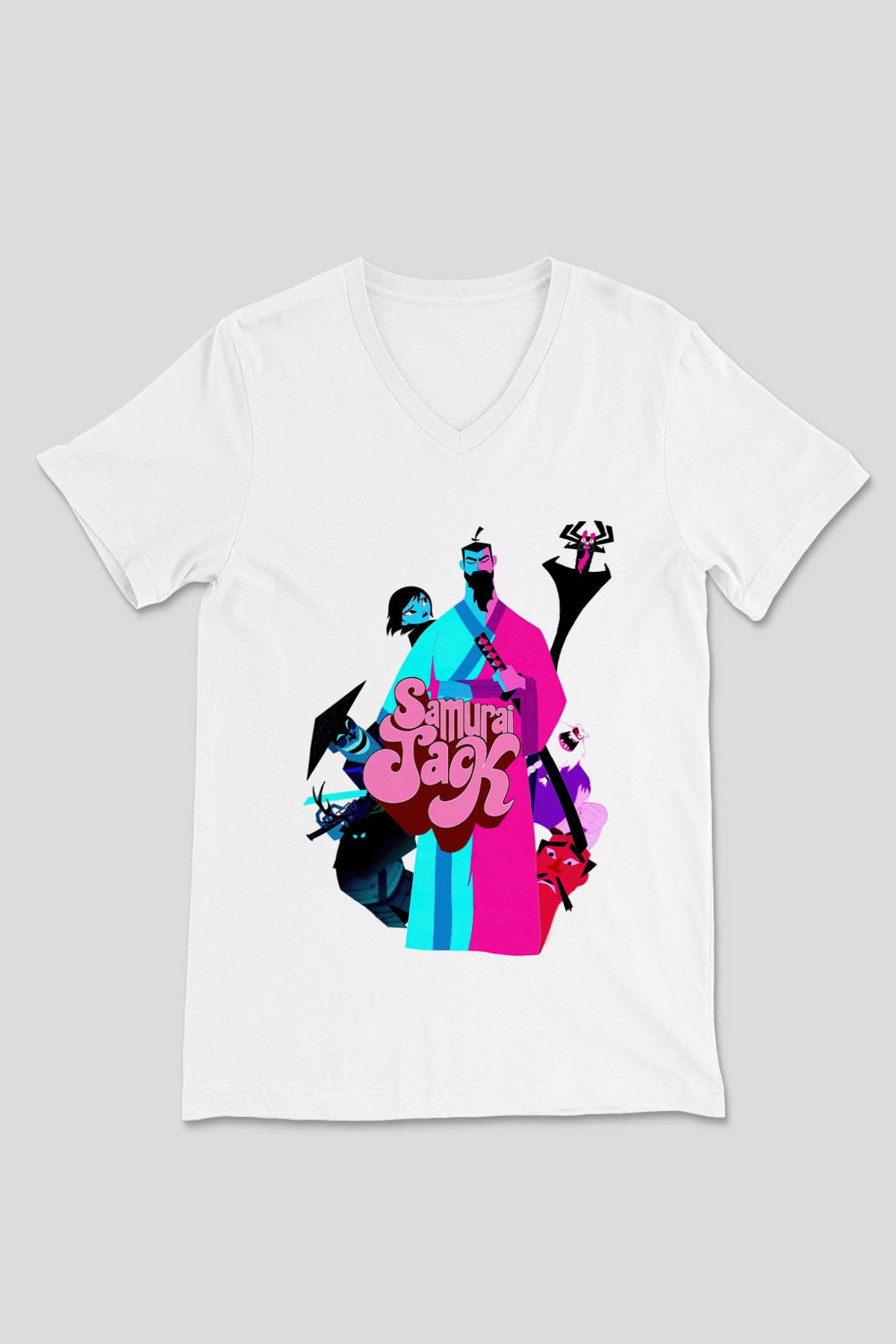 Samurai Jack Beyaz Unisex V Yaka Tişört