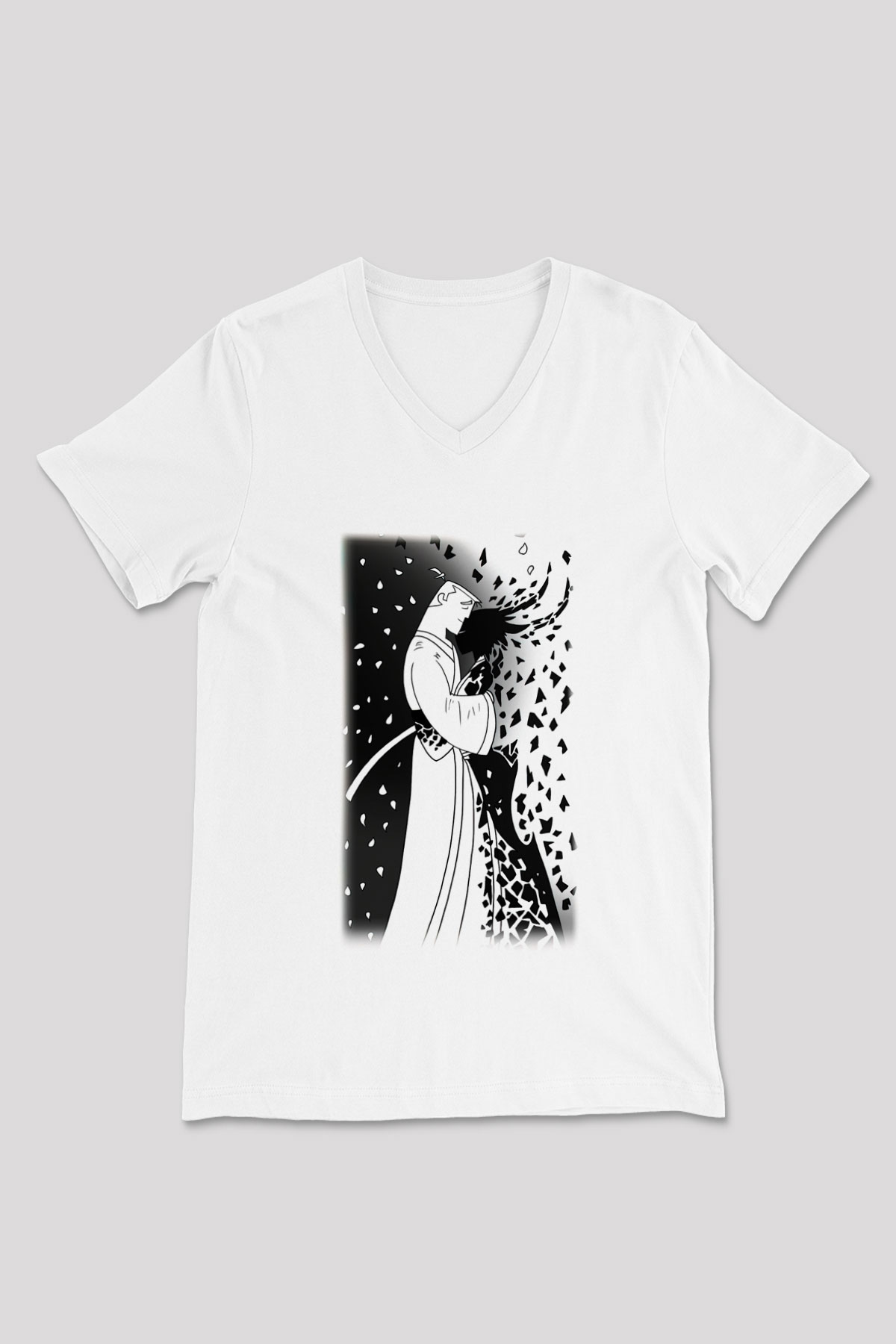 Samurai Jack Beyaz Unisex V Yaka Tişört T-Shirt