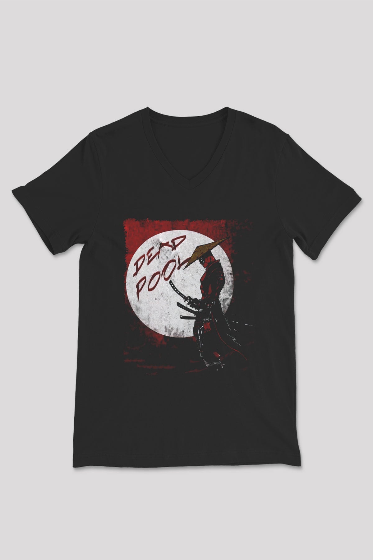 Samuray Deadpool Baskılı Unisex Beyaz  V Yaka Tişört