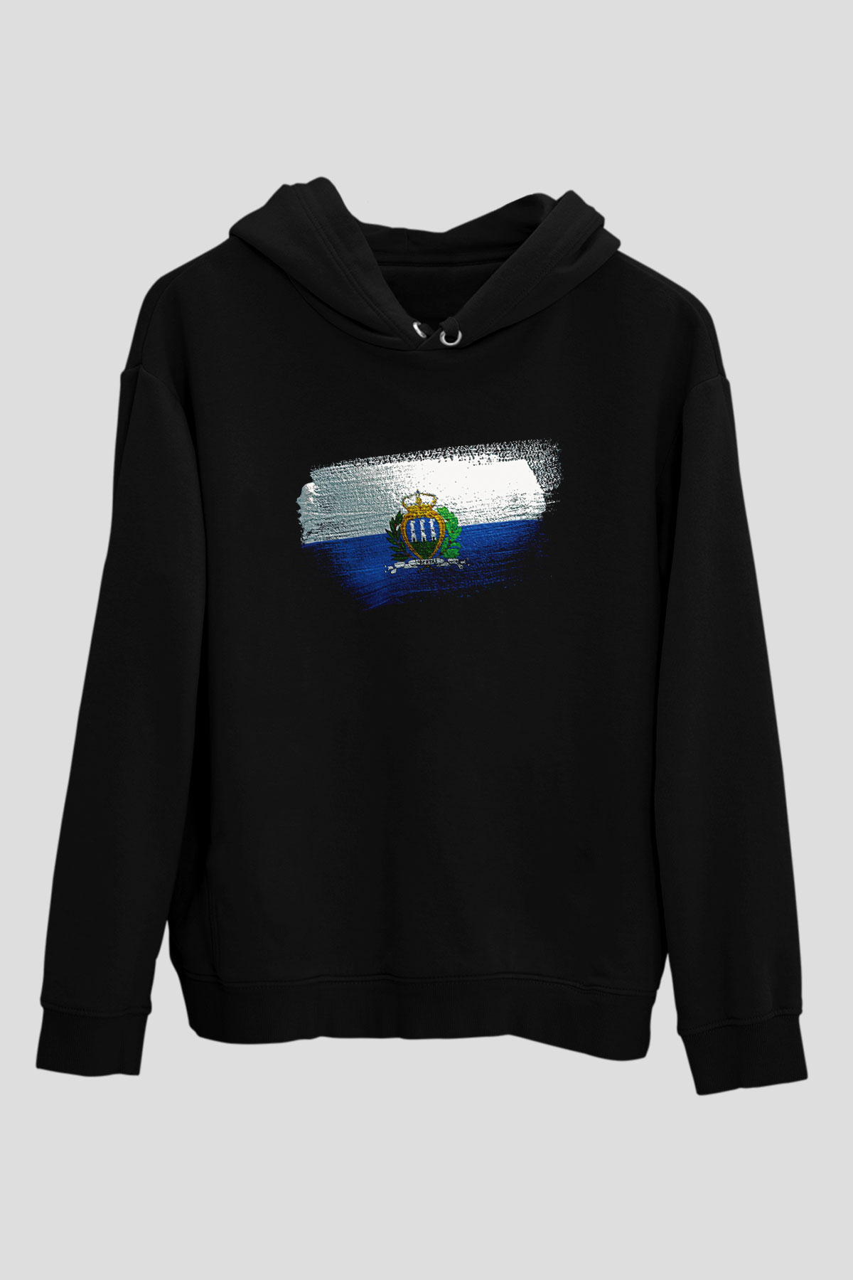 San Marino Bayrağı Baskılı Unisex Siyah Kapüşonlu Sweatshirt