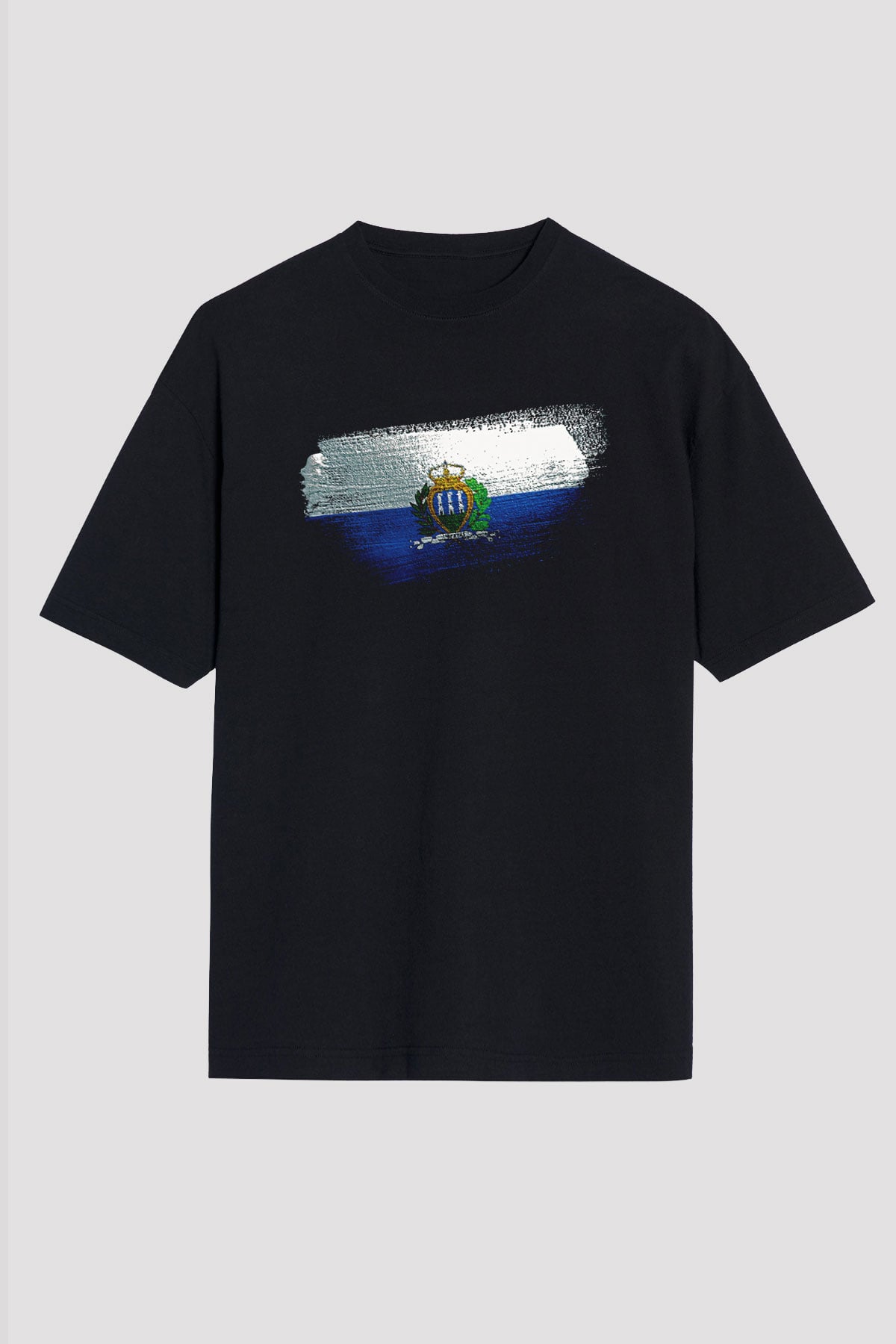 San Marino Bayrağı Baskılı Unisex Siyah Oversize Tişört