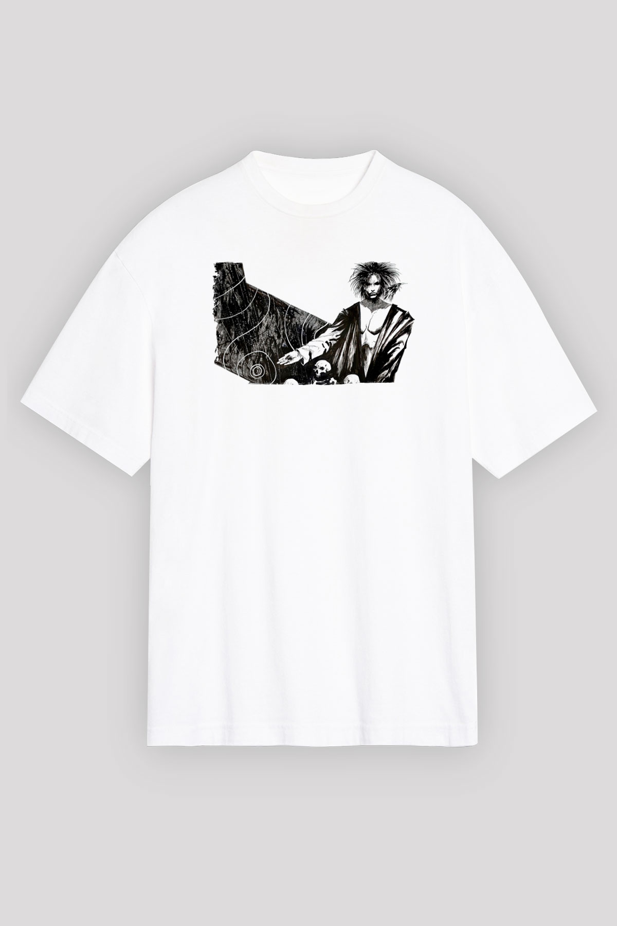 Sandman Baskılı Beyaz Unisex Oversize Tişört - Tshirt