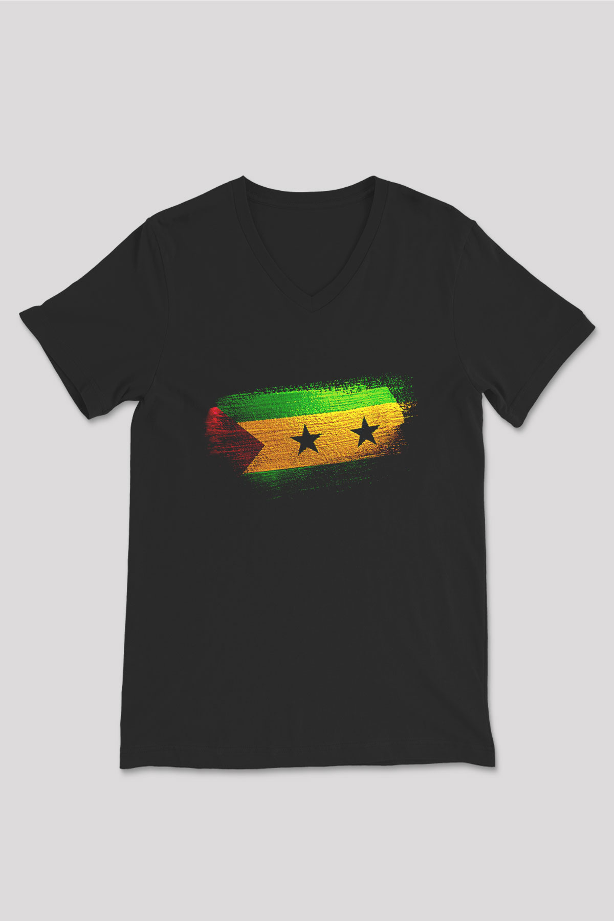 Sao Tome Principe Bayrağı Baskılı Unisex Siyah V Yaka Tişört