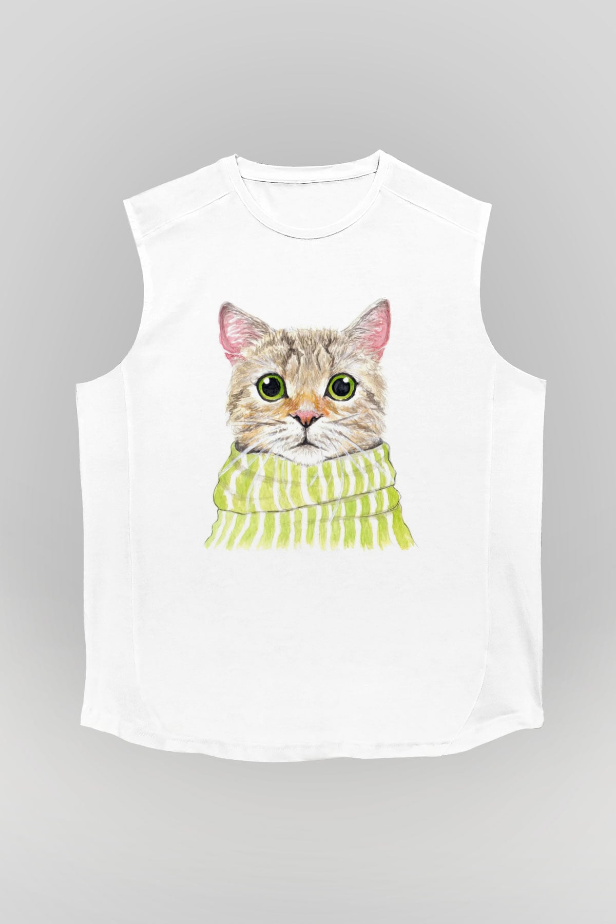Şaşkın Kedi Baskılı Unisex Beyaz  Kolsuz Tişört