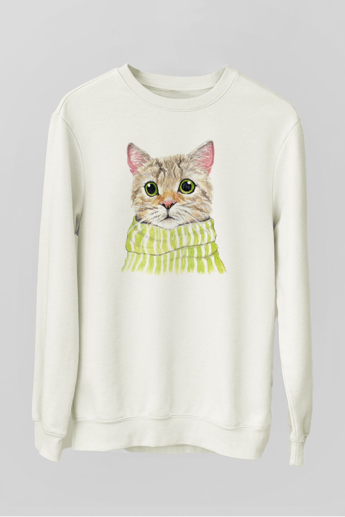 Şaşkın Kedi Baskılı Unisex Beyaz  Sweatshirt