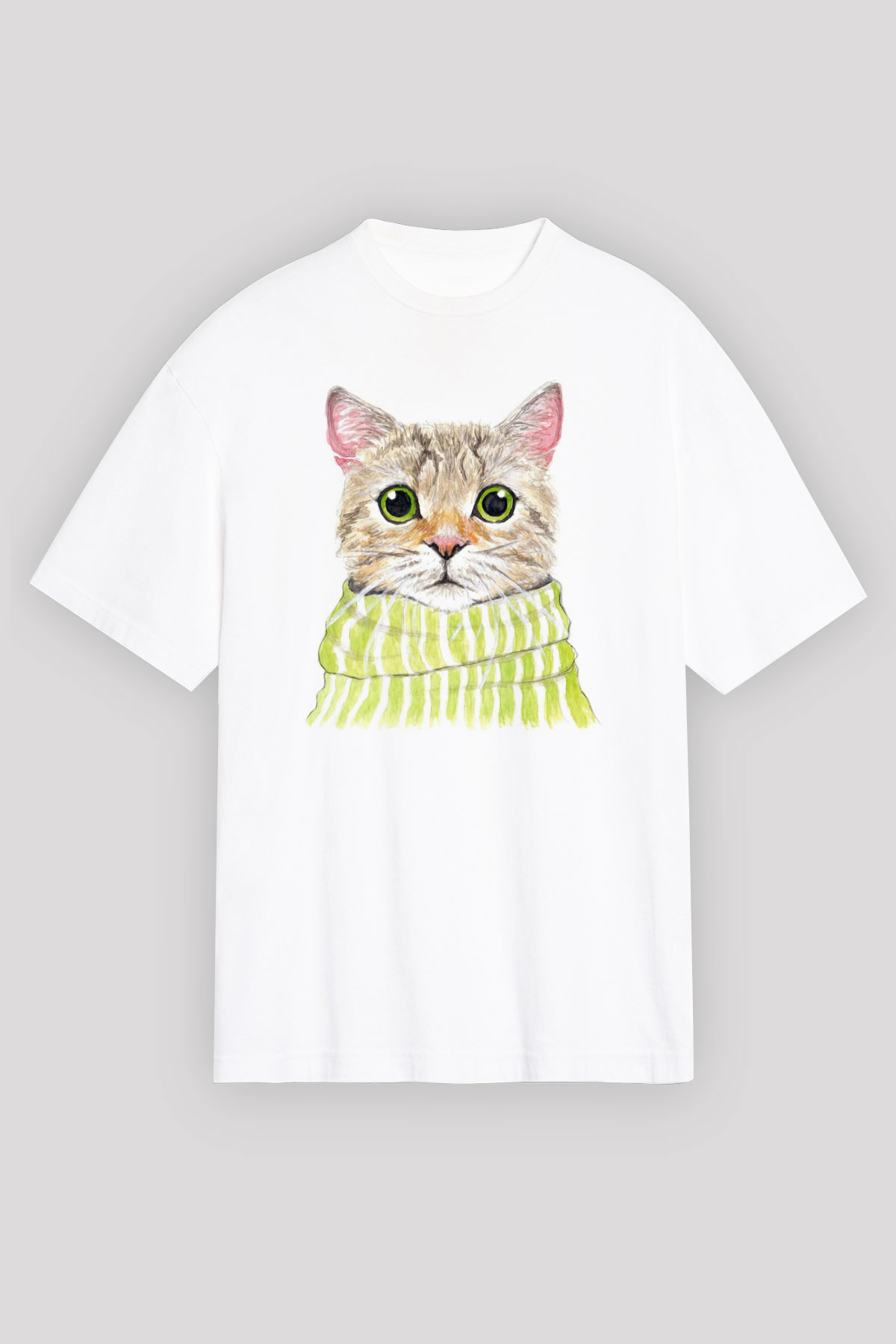 Şaşkın Kedi Baskılı Unisex Beyaz Tshirt