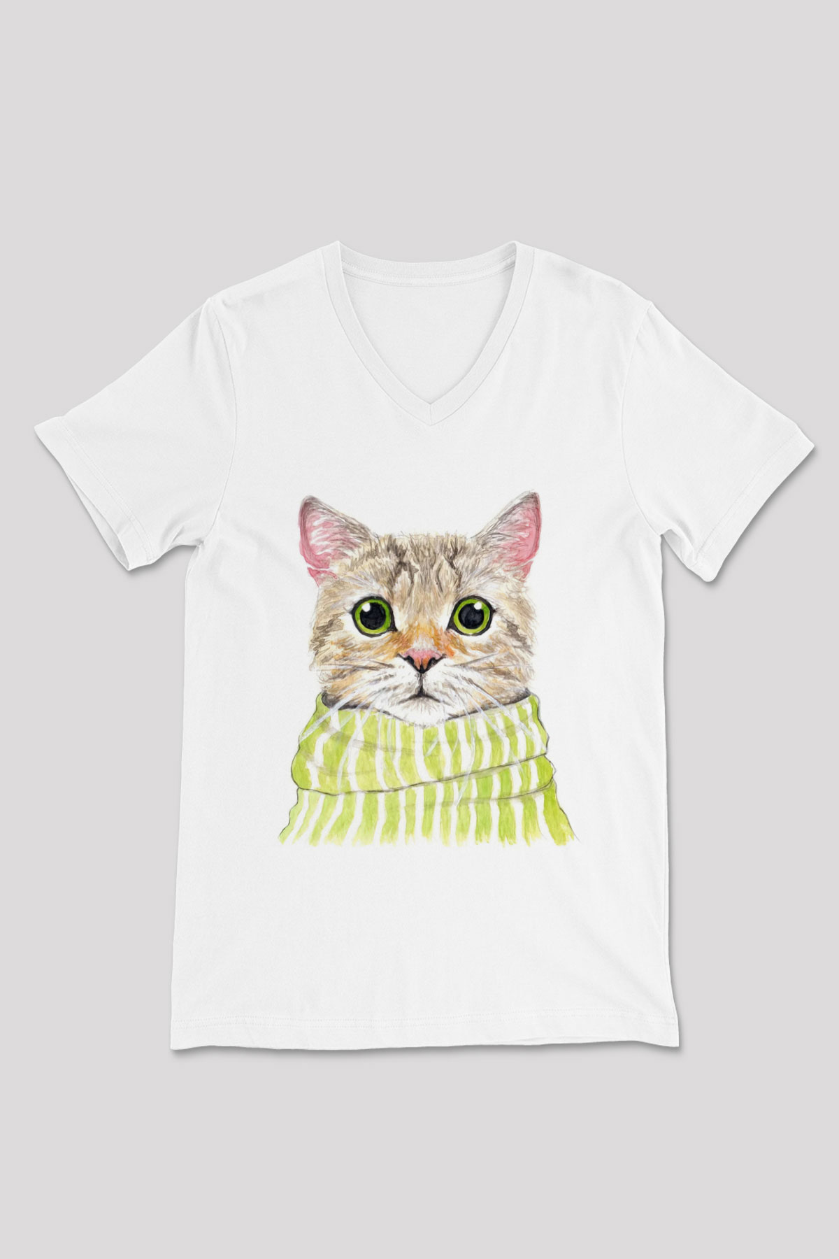 Şaşkın Kedi Baskılı Unisex Beyaz  V Yaka Tişört