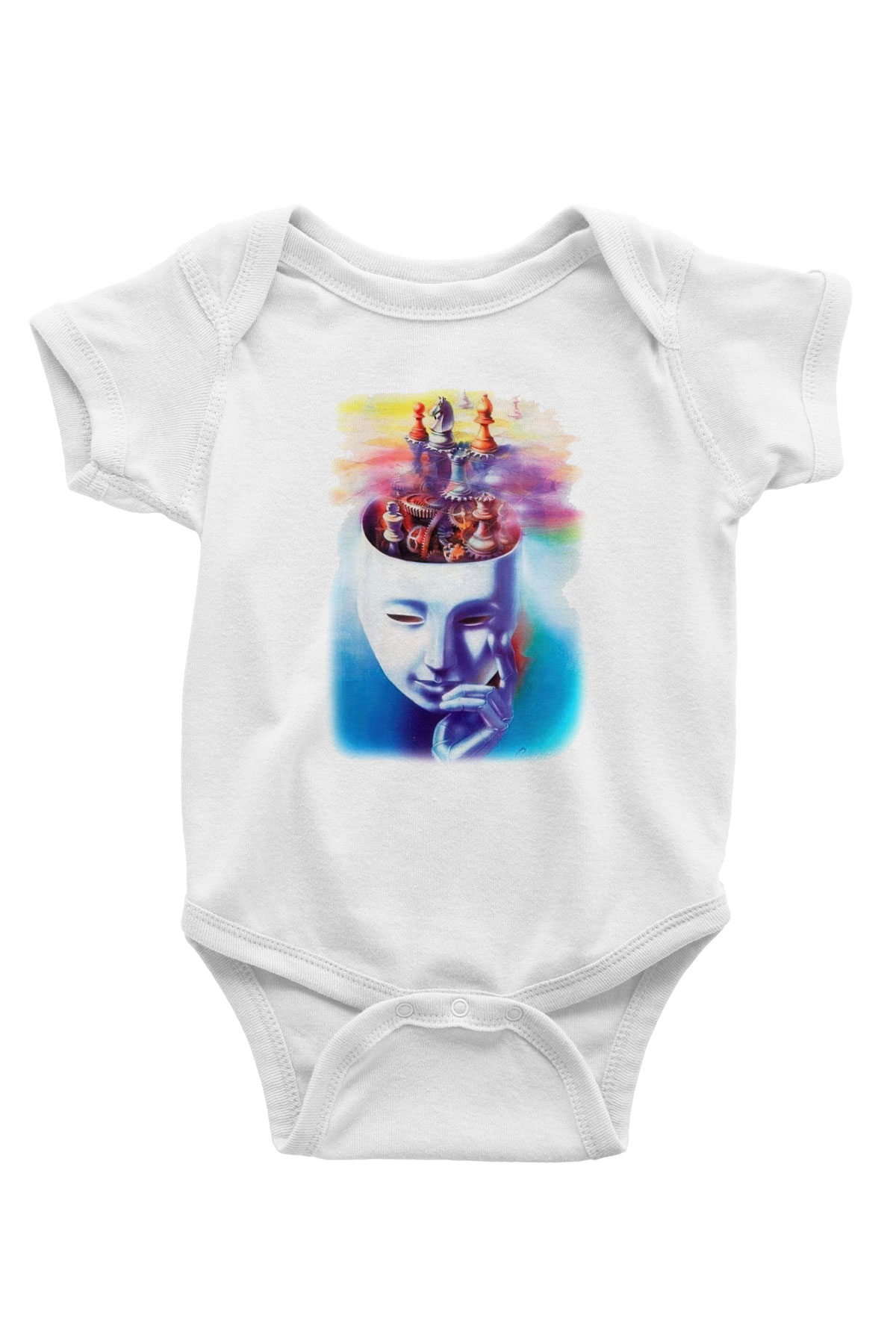 Satranç Baskılı Beyaz Unisex Bebek Body - Zıbın