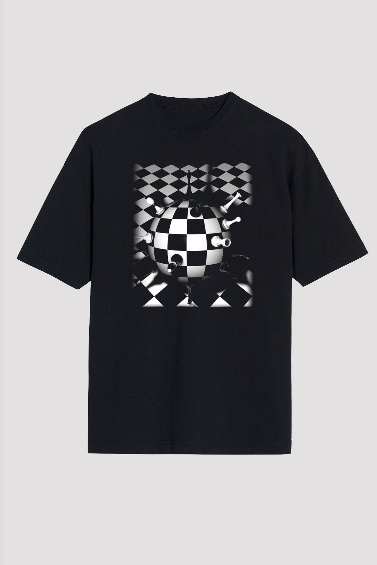 Satranç Siyah Unisex Oversize Tişört T-Shirt