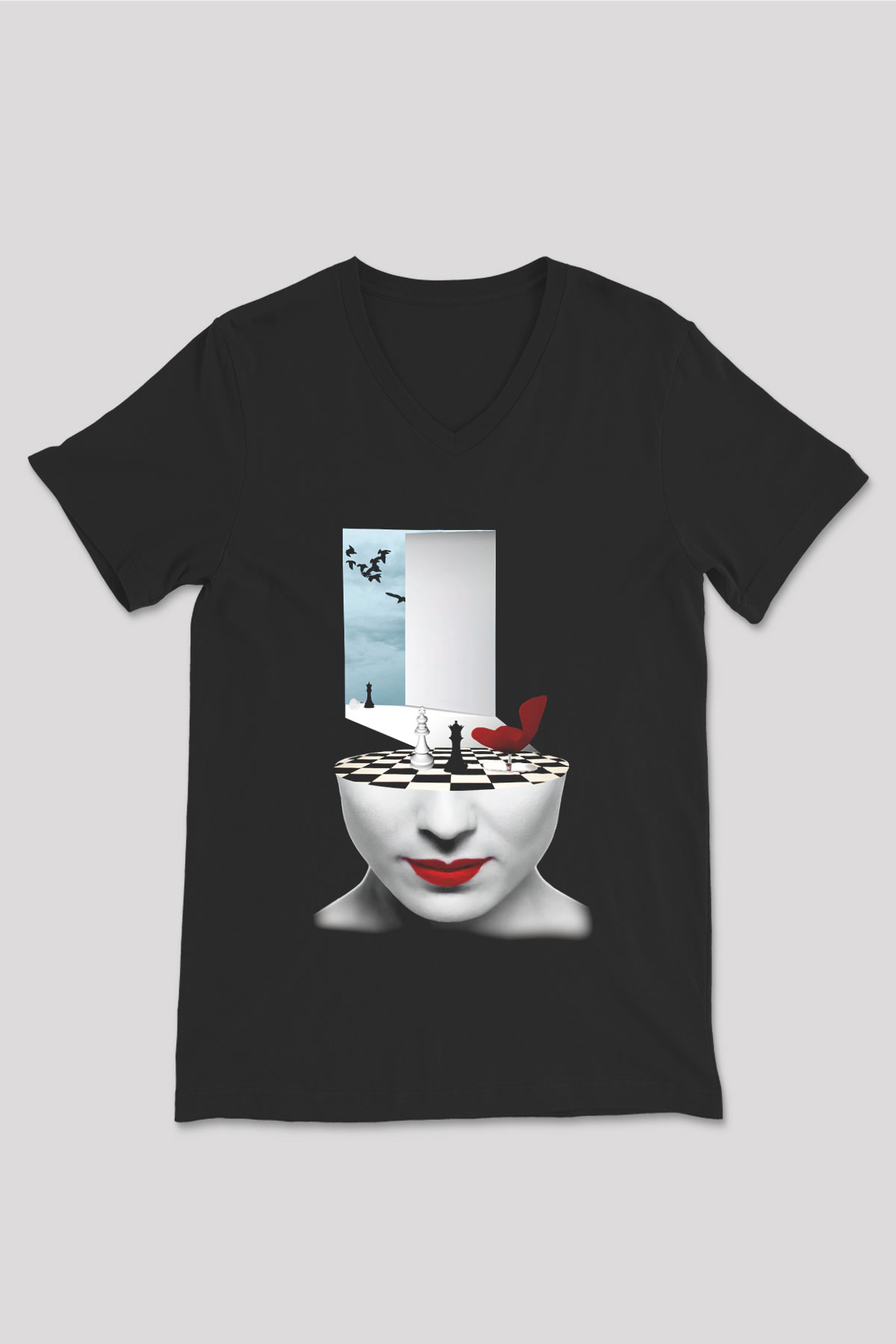 Satranç Siyah Unisex V Yaka Tişört T-Shirt