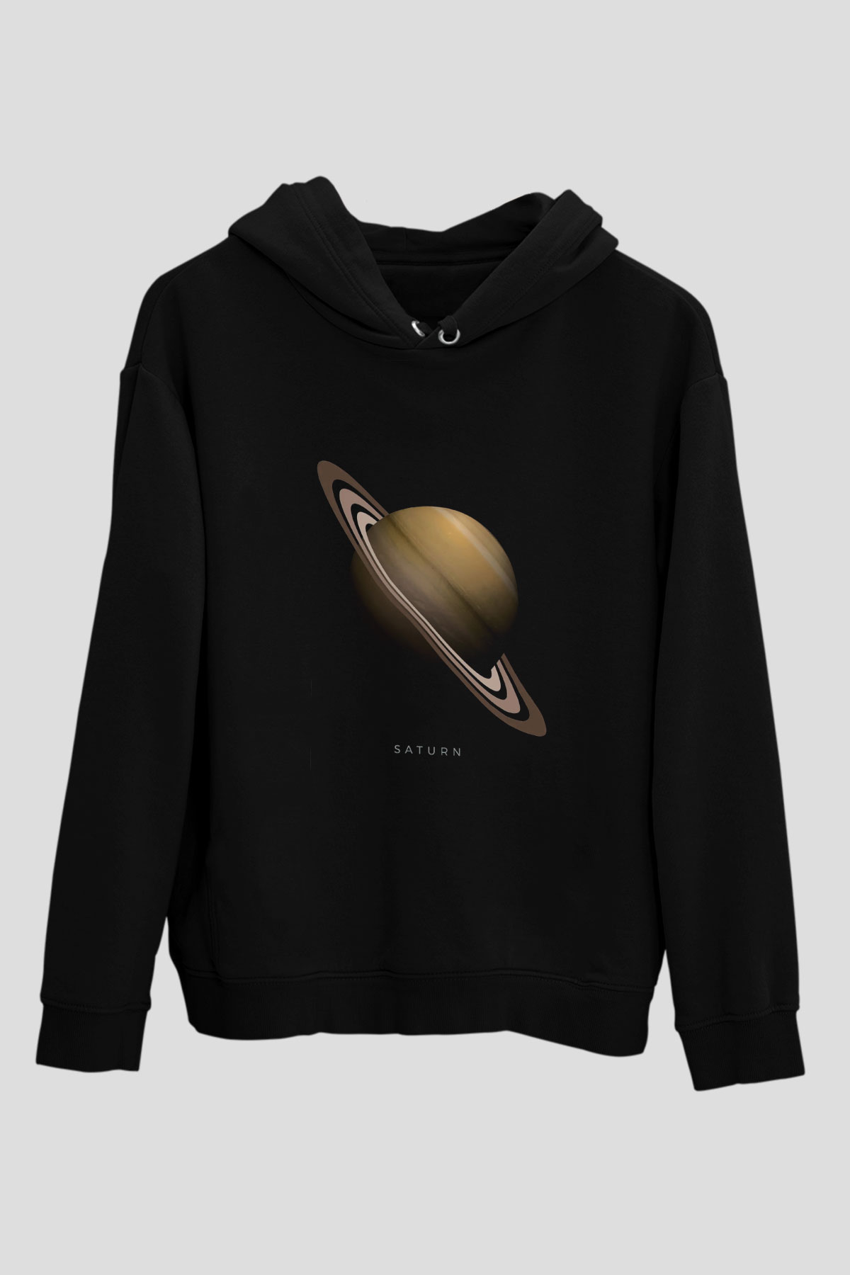 Satürn Baskılı Unisex Siyah Kapüşonlu Sweatshirt