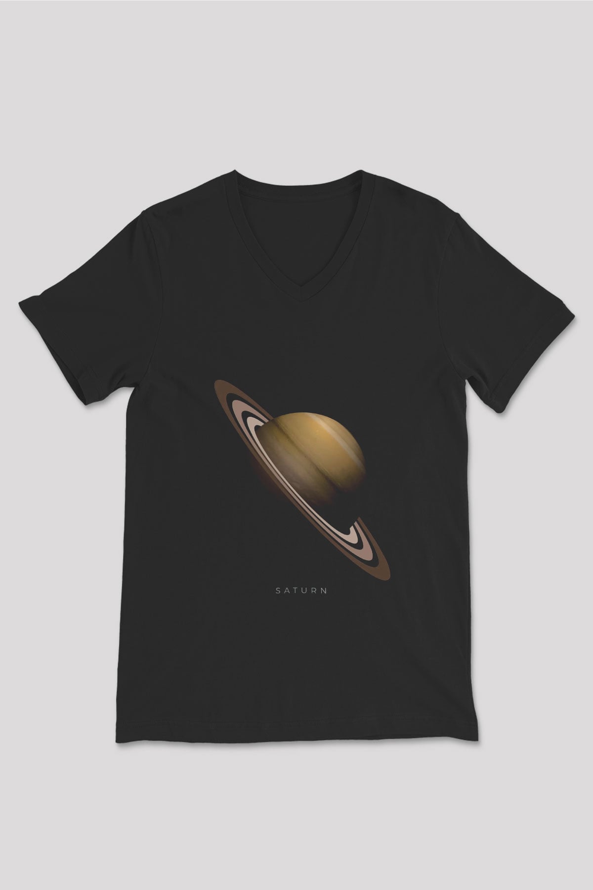 Satürn Baskılı Unisex V Yaka Siyah Tİşört - Tshirt