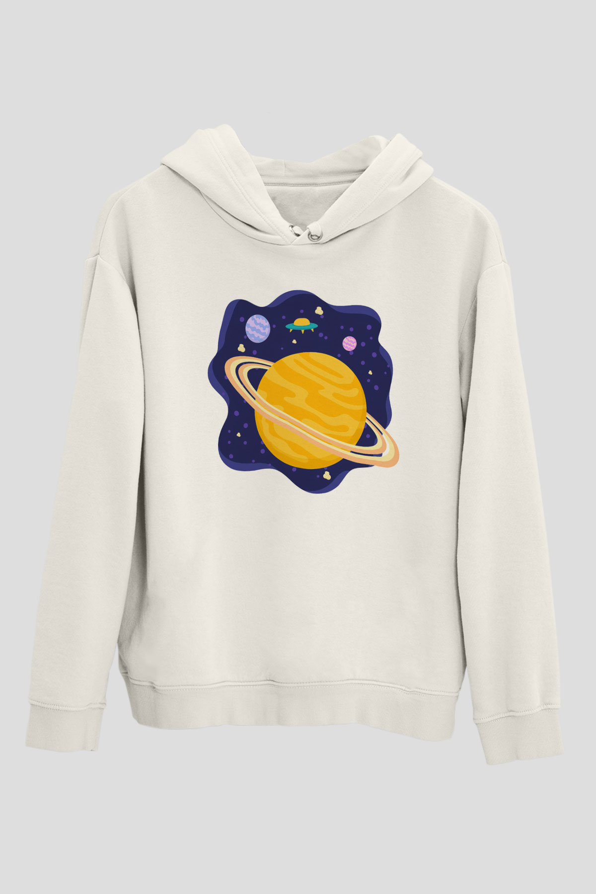 Satürn Beyaz Unisex Kapşonlu Sweatshirt