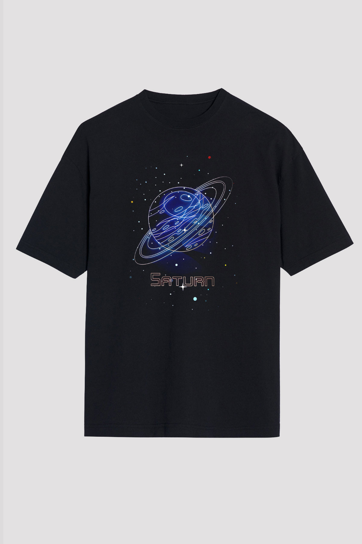 Satürn Çizim Baskılı Unisex Oversize Tişört - Tshirt