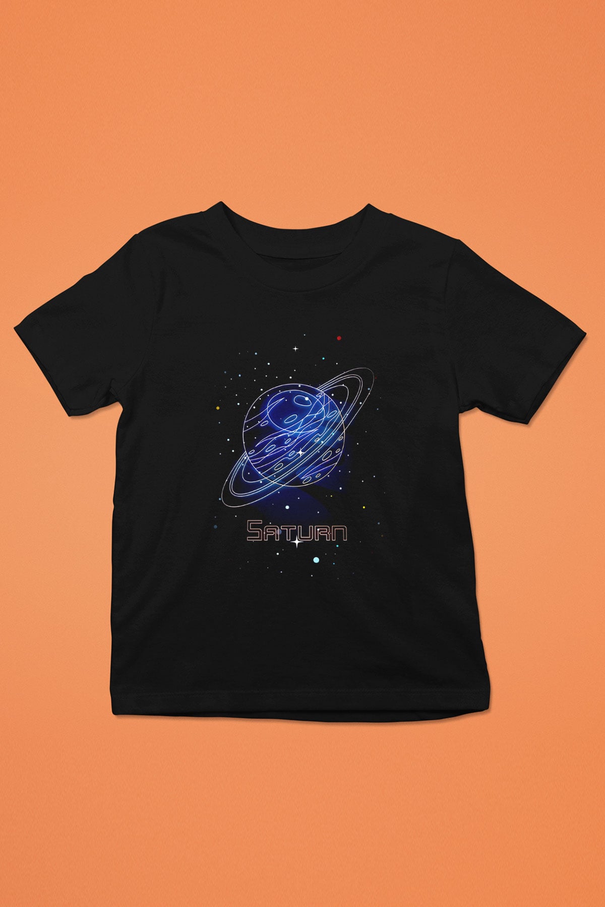 Satürn Çizim Baskılı Unisex Siyah Çocuk Tişörtü - Tshirt