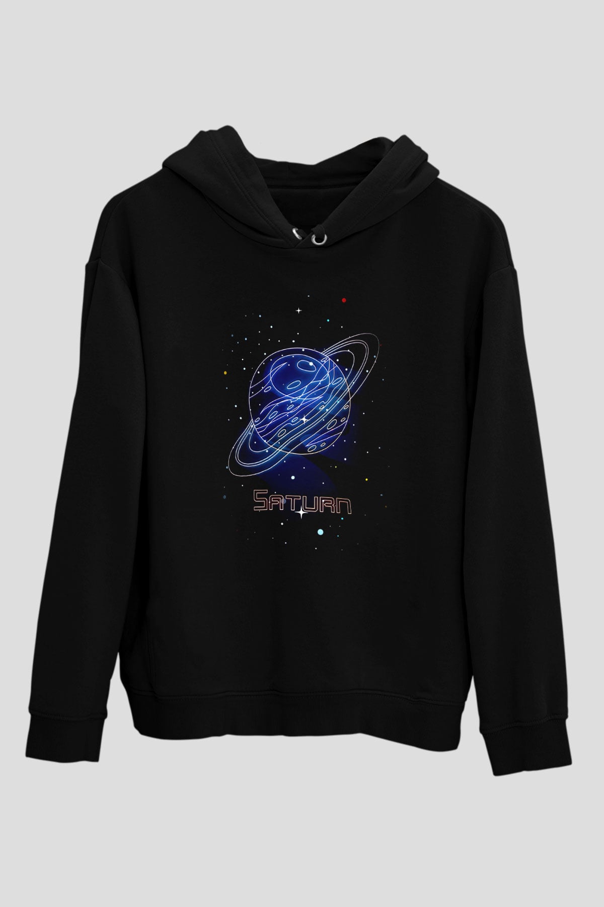 Satürn Çizim Baskılı Unisex Siyah Kapüşonlu Sweatshirt