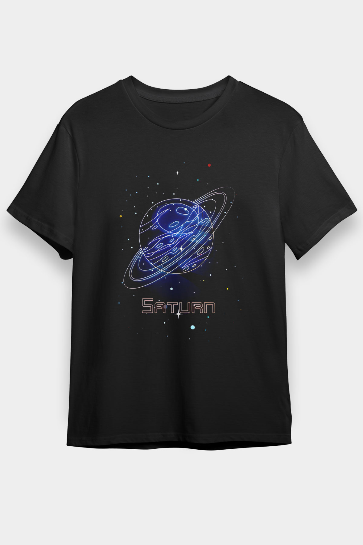 Satürn Çizim Baskılı Unisex Siyah Tişört - Tshirt