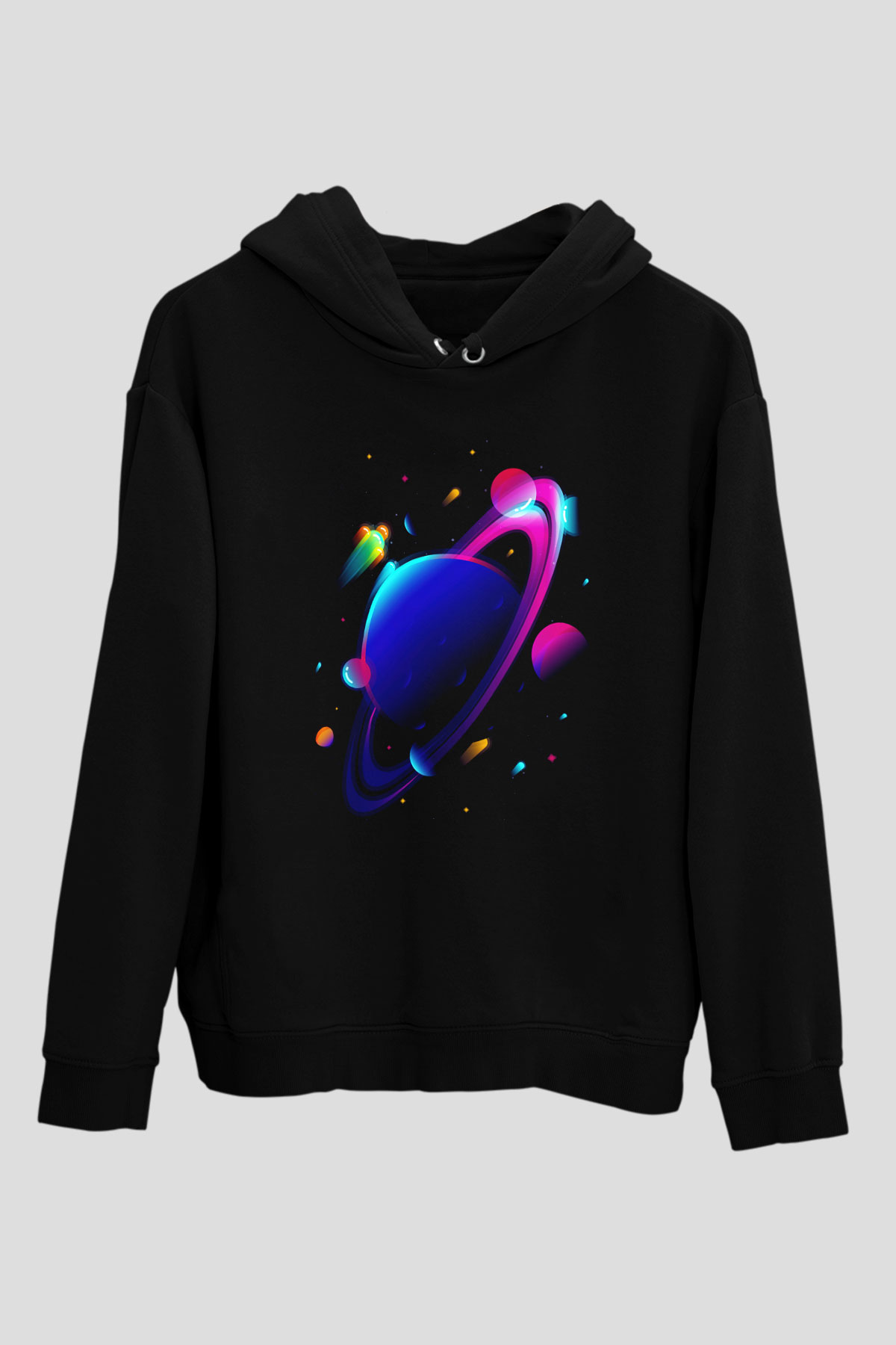 Satürn Siyah Unisex Hoodie