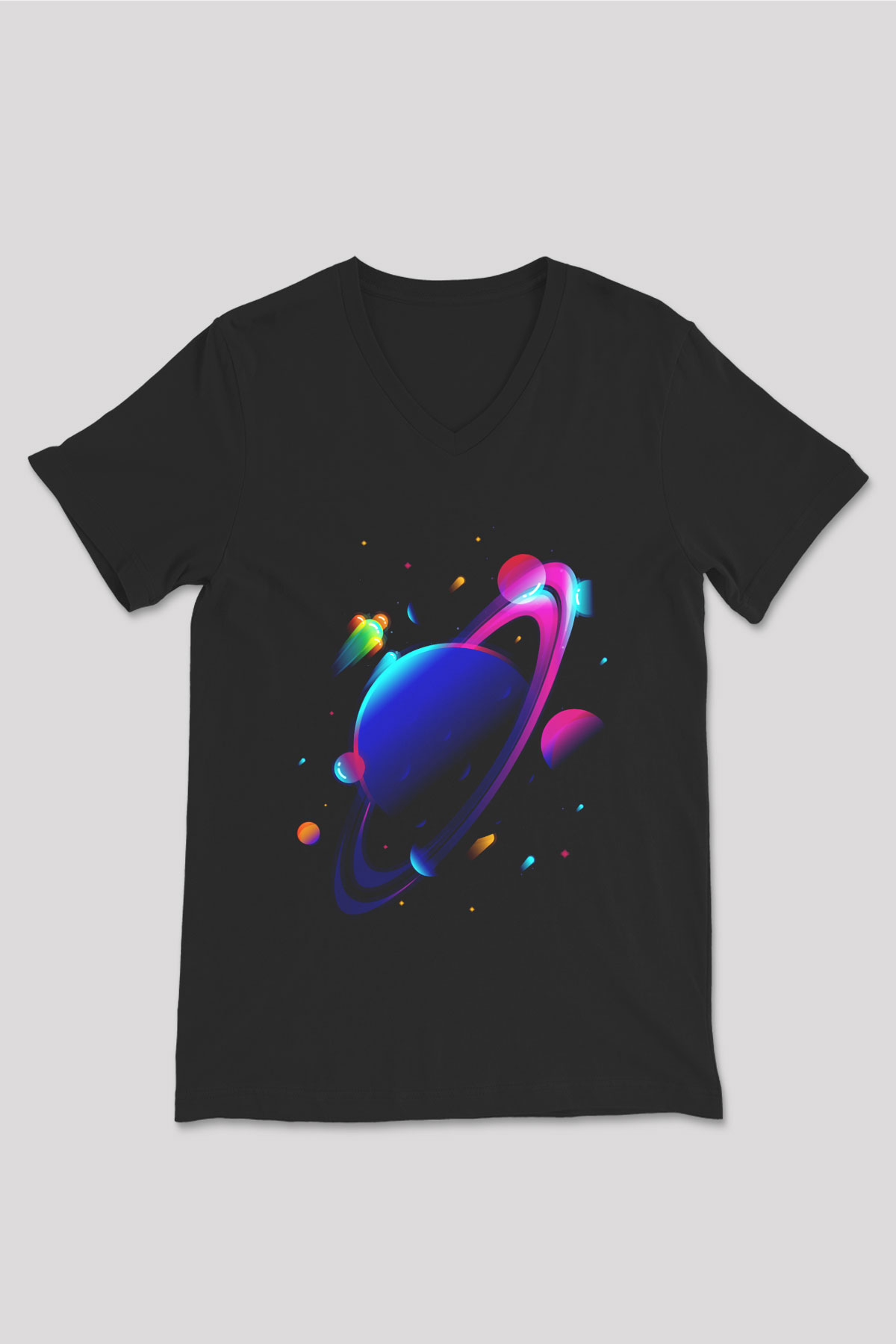 Satürn Siyah Unisex V Yaka Tişört T-Shirt