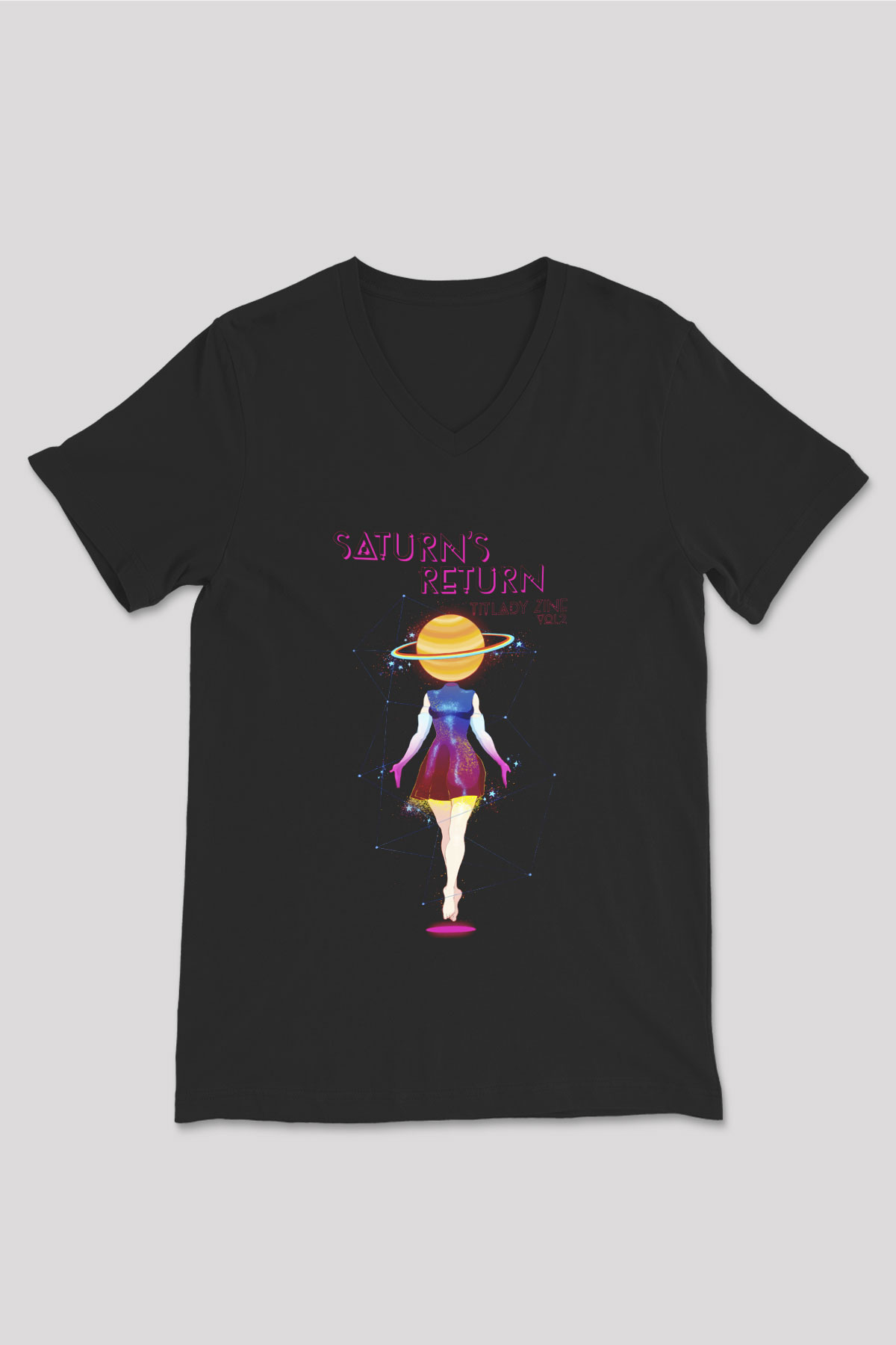 Satürn Siyah Unisex V Yaka Tişört T-Shirt