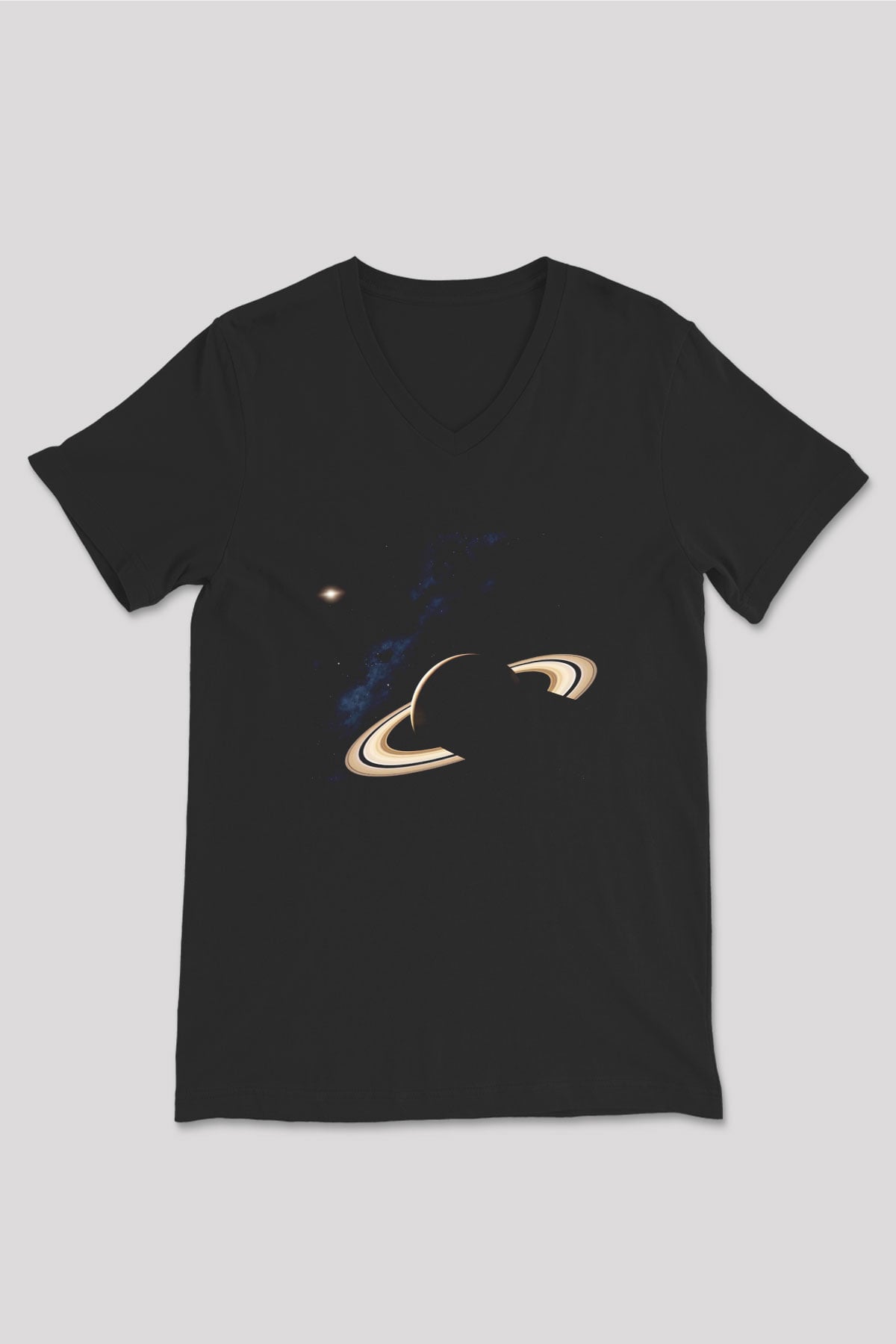 Satürn Siyah Unisex V Yaka Tişört T-Shirt