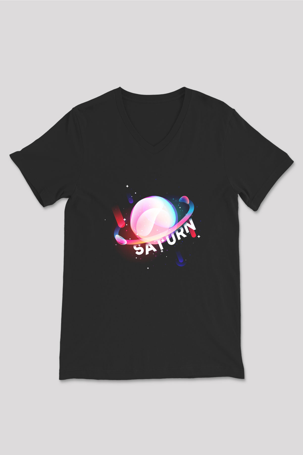 Satürn Siyah Unisex V Yaka Tişört T-Shirt