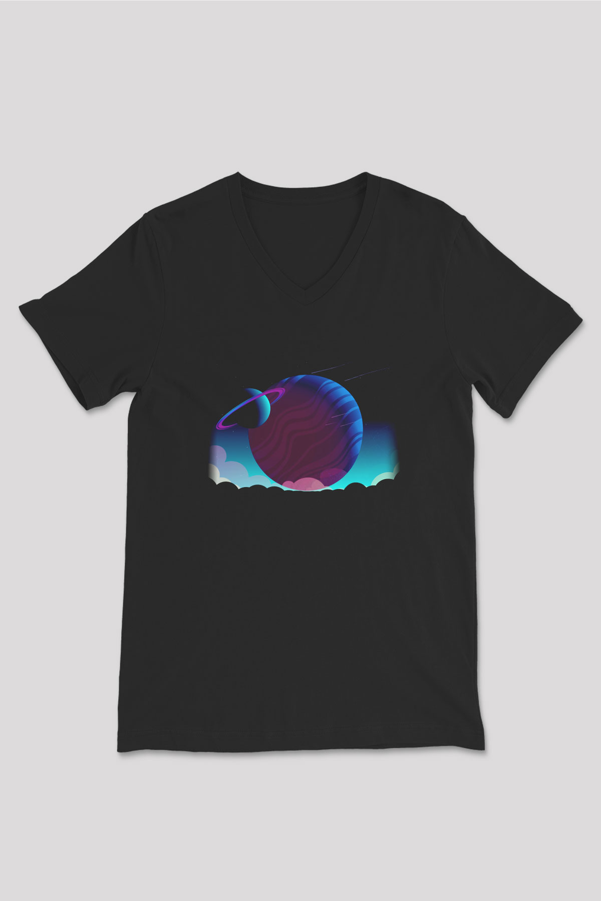 Satürn Siyah Unisex V Yaka Tişört T-Shirt