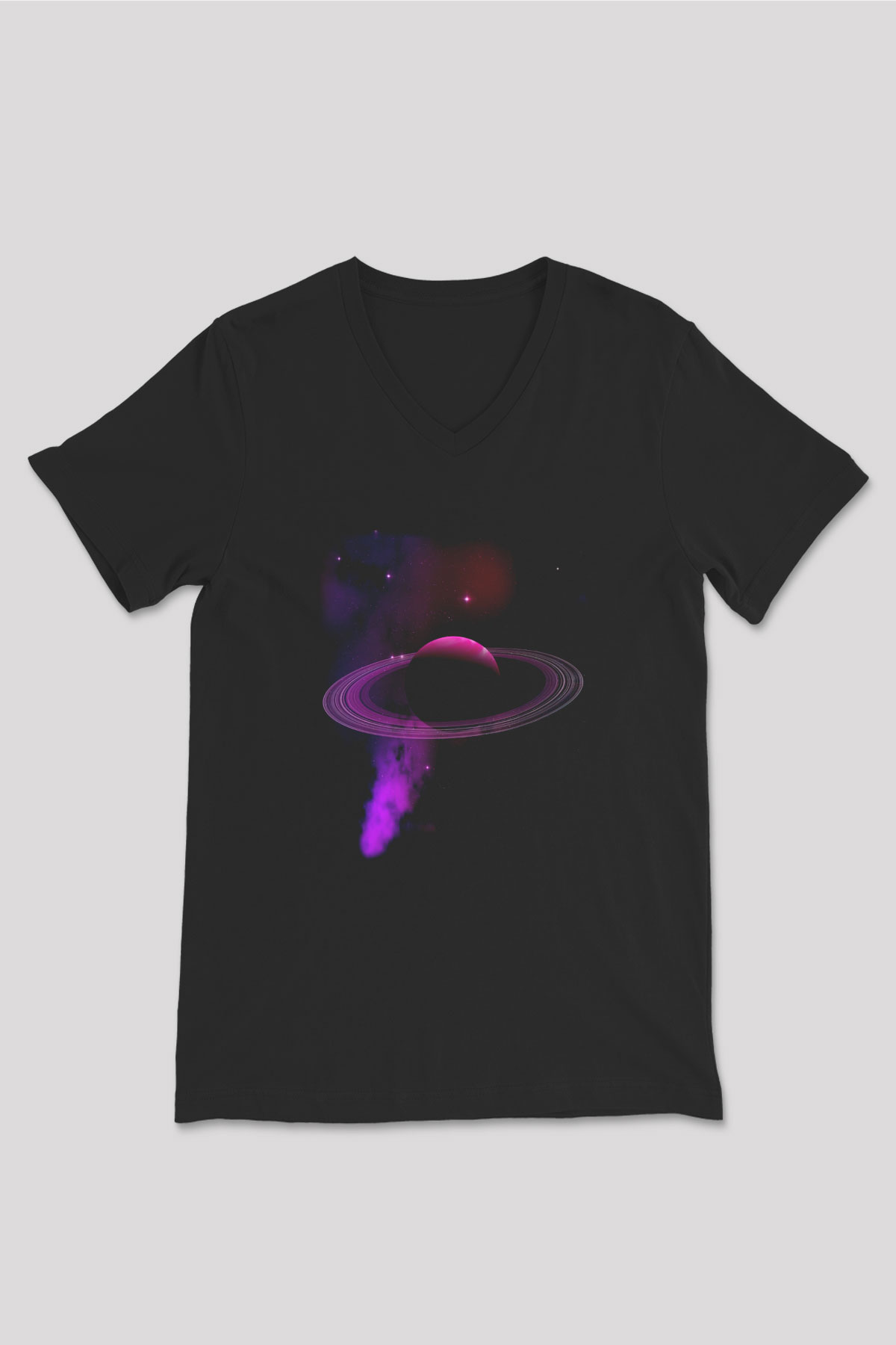 Satürn Siyah Unisex V Yaka Tişört T-Shirt