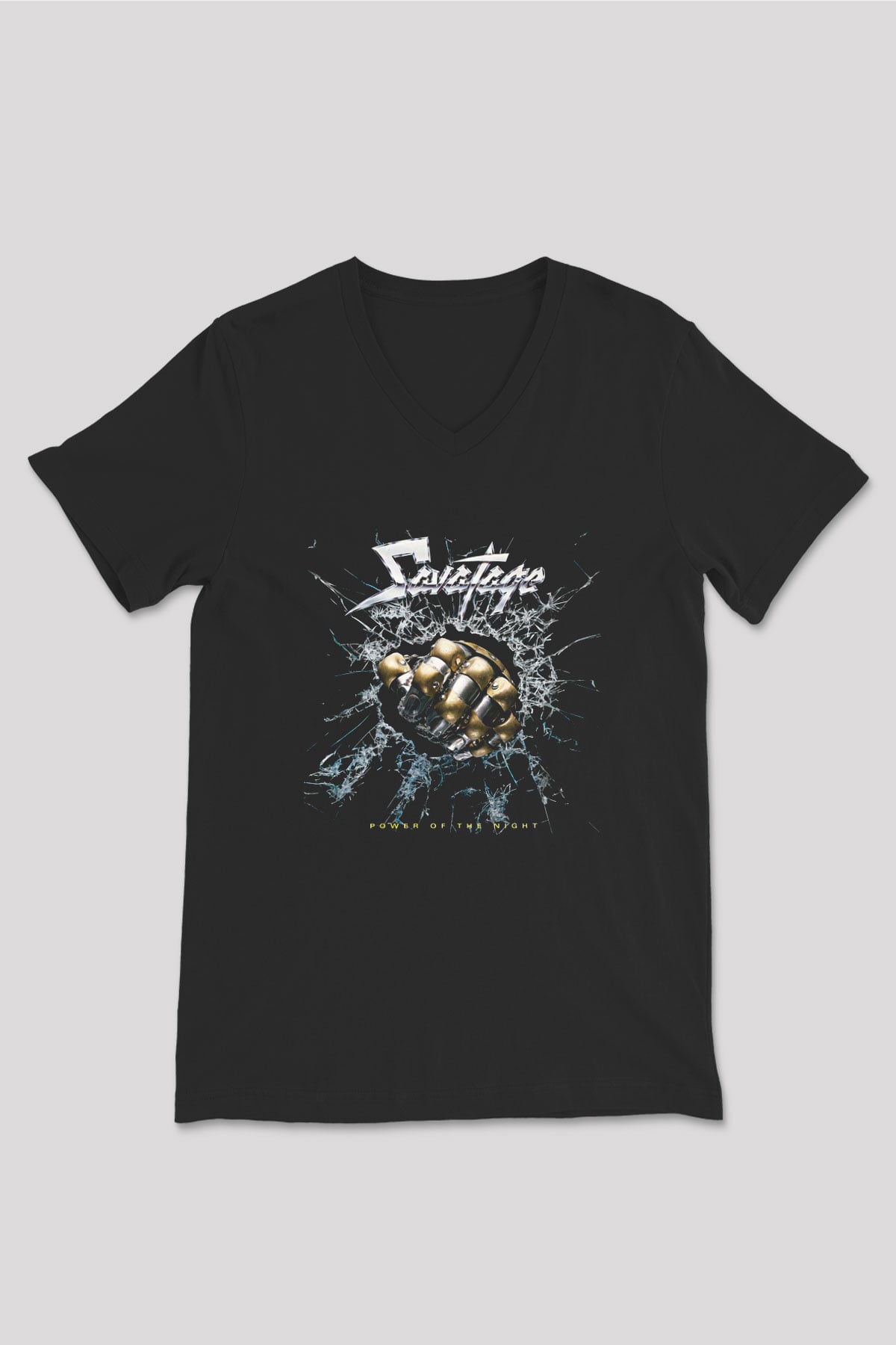 Savatage Baskılı Unisex Siyah V Yaka Tişört - Tshirt
