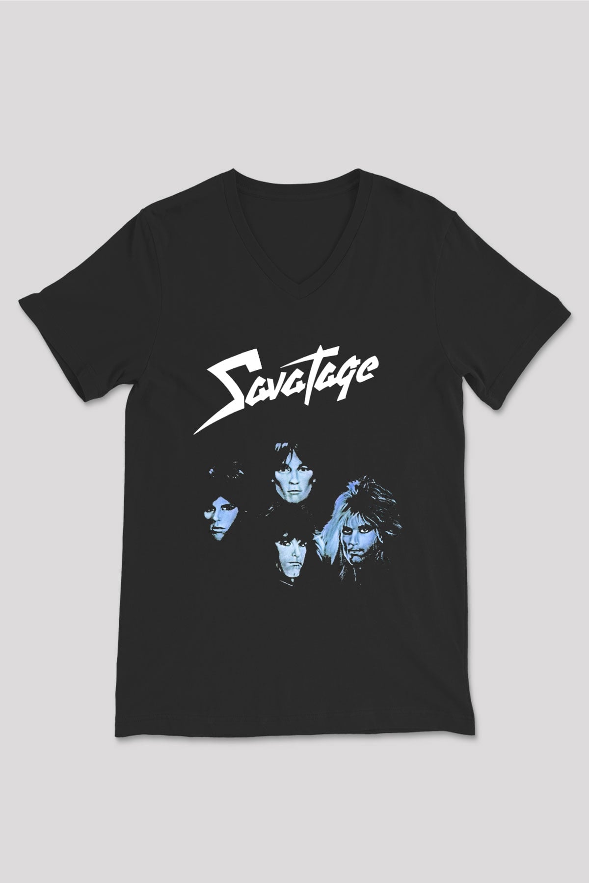 Savatage Baskılı Unisex Siyah V Yaka Tişört - Tshirt