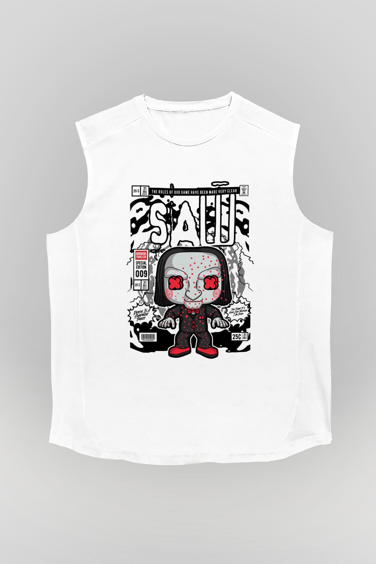 SAW - Billy Baskılı Unisex Beyaz Kolsuz Tişört
