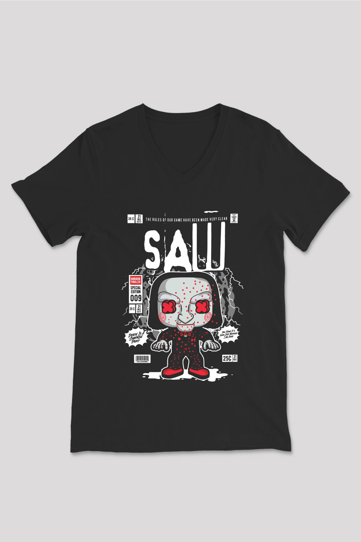 Saw Billy Baskılı Unisex Siyah V Yaka Tişört