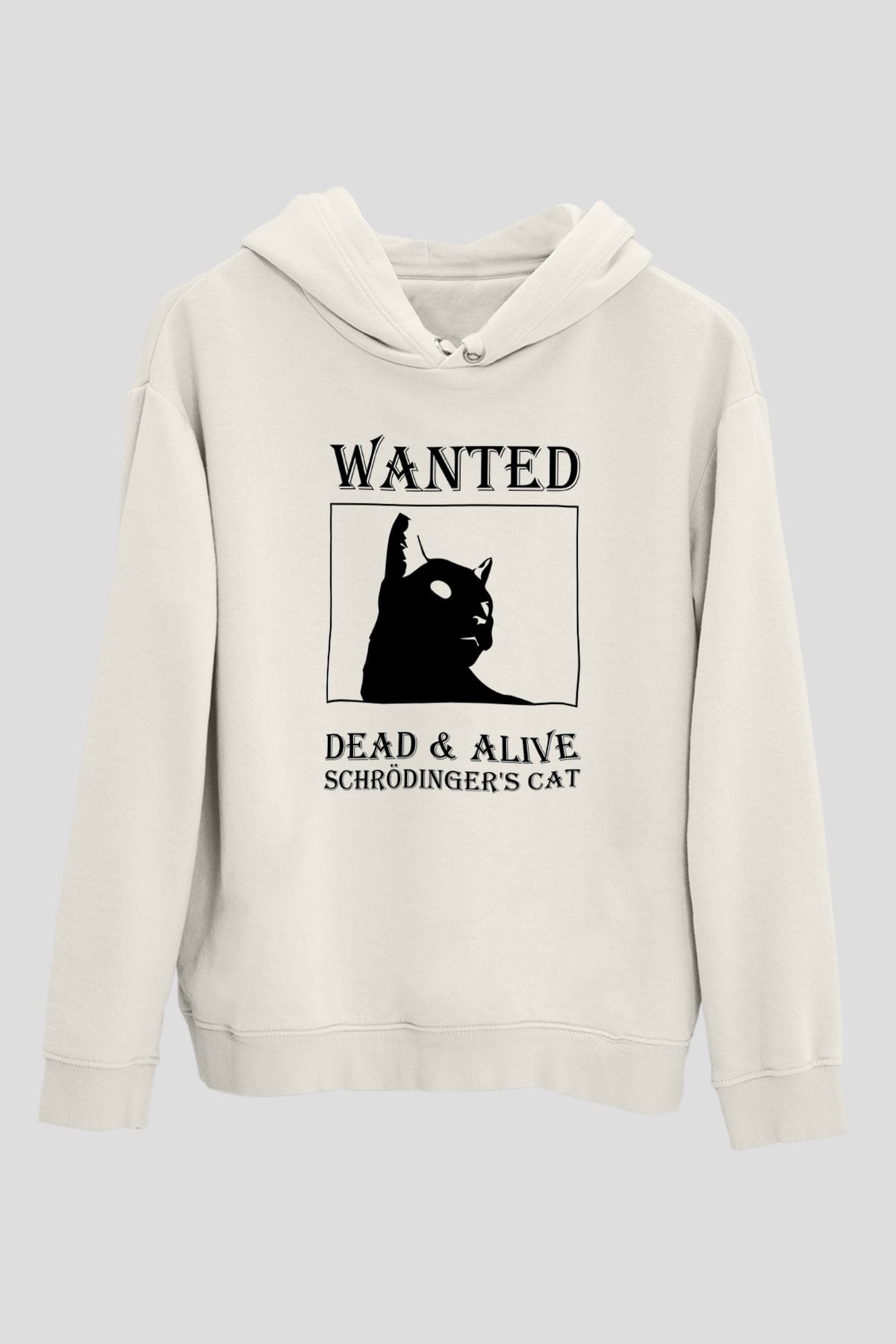 Schrödinger'in Kedisi Aranıyor Baskılı Unisex Ekru Hoodie