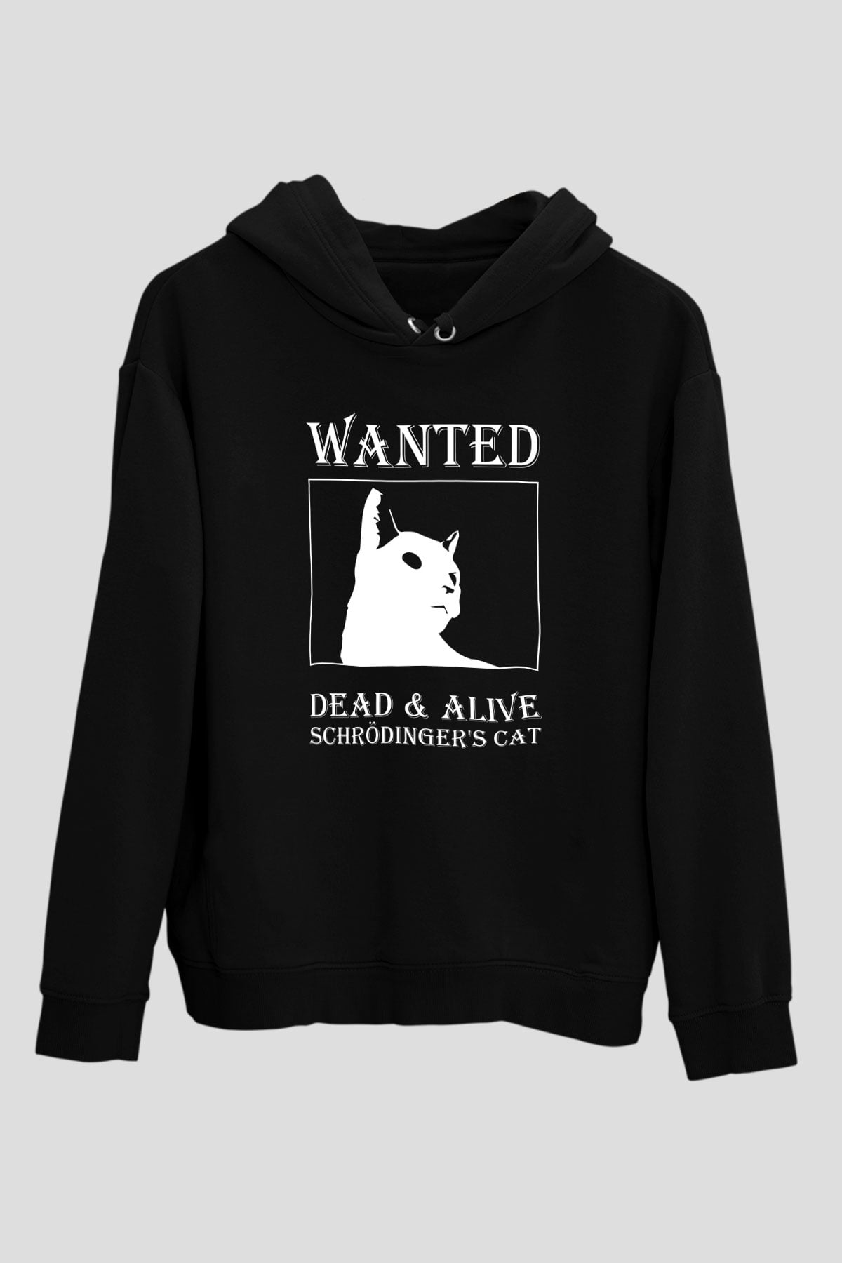 Schrödinger'in Kedisi Aranıyor Baskılı Unisex Siyah Kapüşonlu Sweatshirt