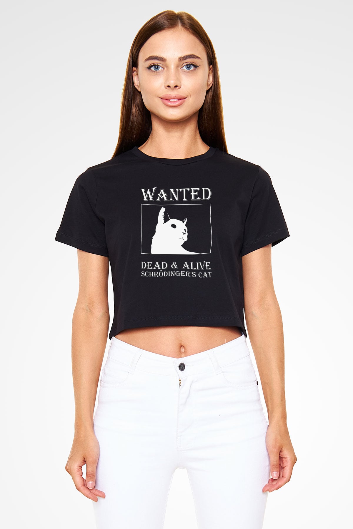 Schrödinger'in Kedisi Aranıyor Baskılı Crop Top Kadın Tİşört - Tshirt