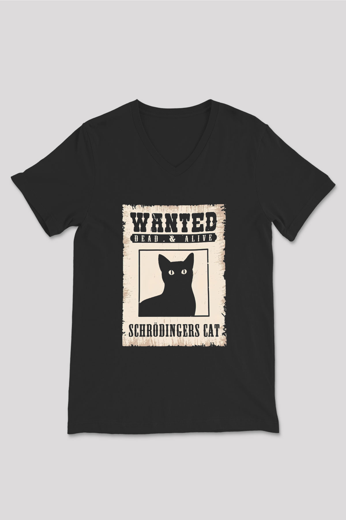 Schrödinger'in Kedisi Aranıyor İlan Baskılı Unisex V Yaka Siyah Tİşört - Tshirt