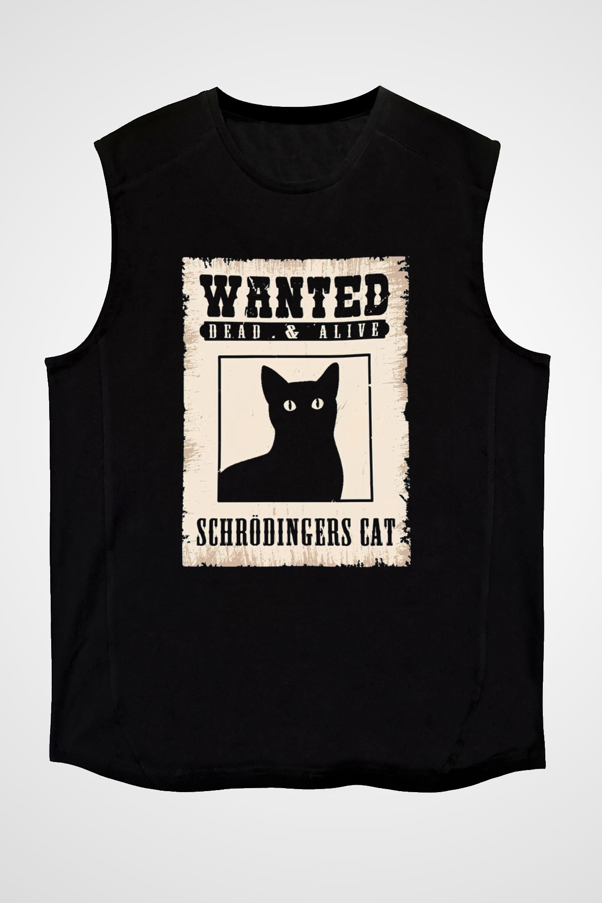 Schrödinger'in Kedisi Aranıyor İlan Baskılı Unisex Kolsuz Siyah Tişört - Tshirt