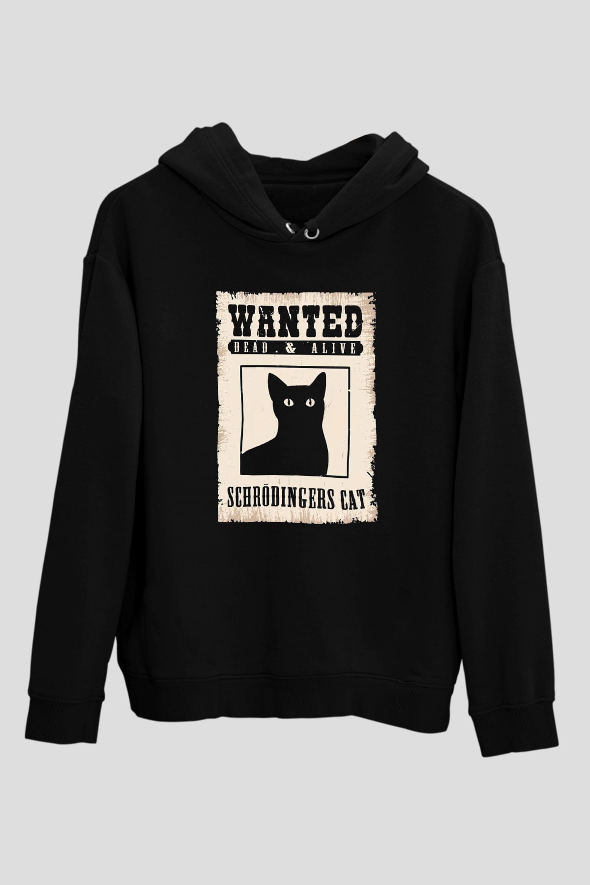 Schrödinger'in Kedisi Aranıyor İlan Baskılı Unisex Siyah Kapüşonlu Sweatshirt