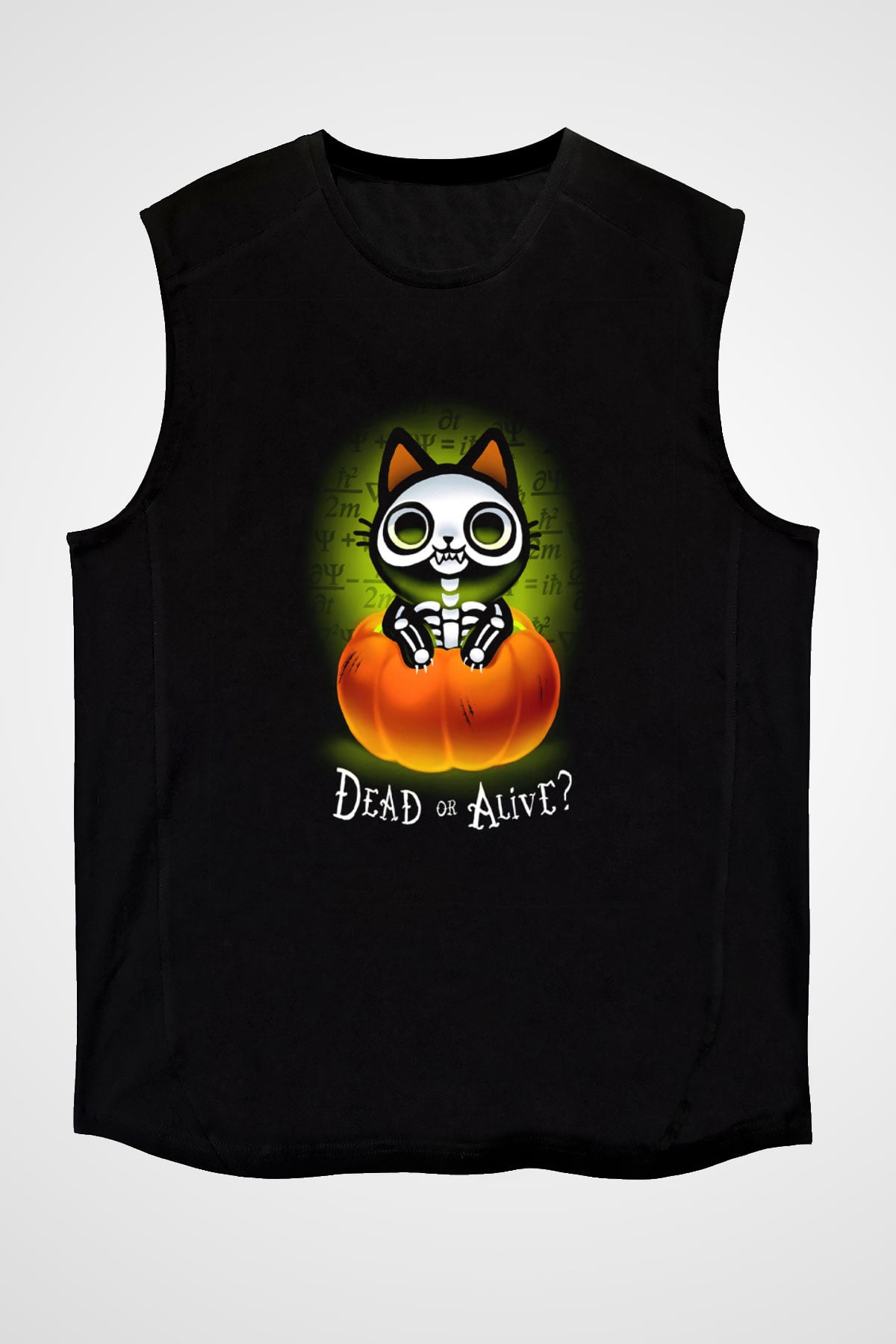 Schrödinger'in Kedisi Balkabağı Baskılı Unisex Kolsuz Siyah Tişört - Tshirt