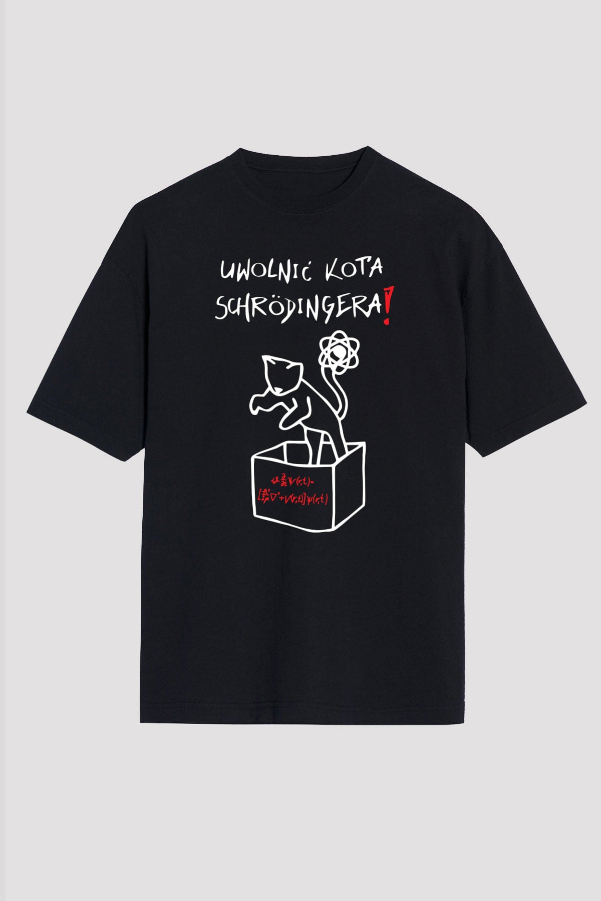 Schrödingerin Kedisi  Baskılı Unisex Siyah Oversize Tişört