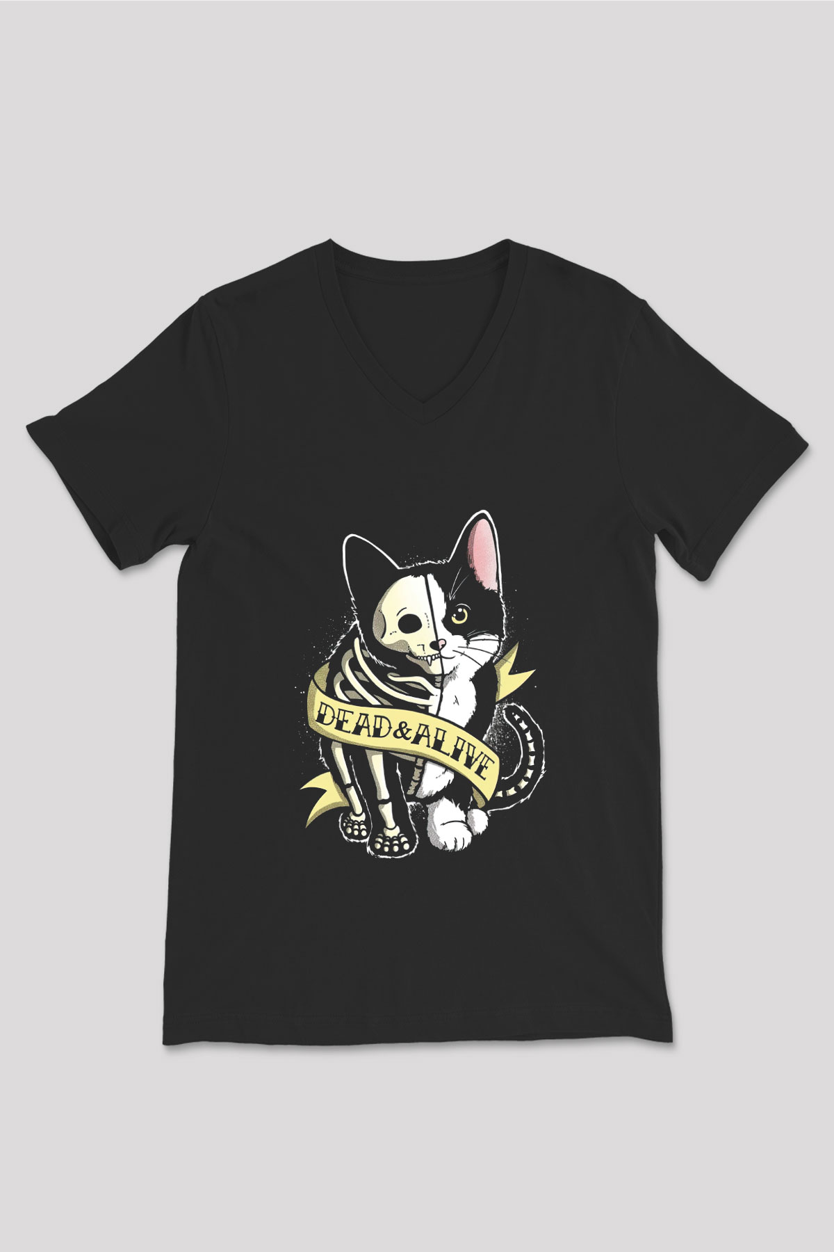 Schrödinger'in Kedisi Canlı Ölü Baskılı Unisex V Yaka Siyah Tİşört - Tshirt