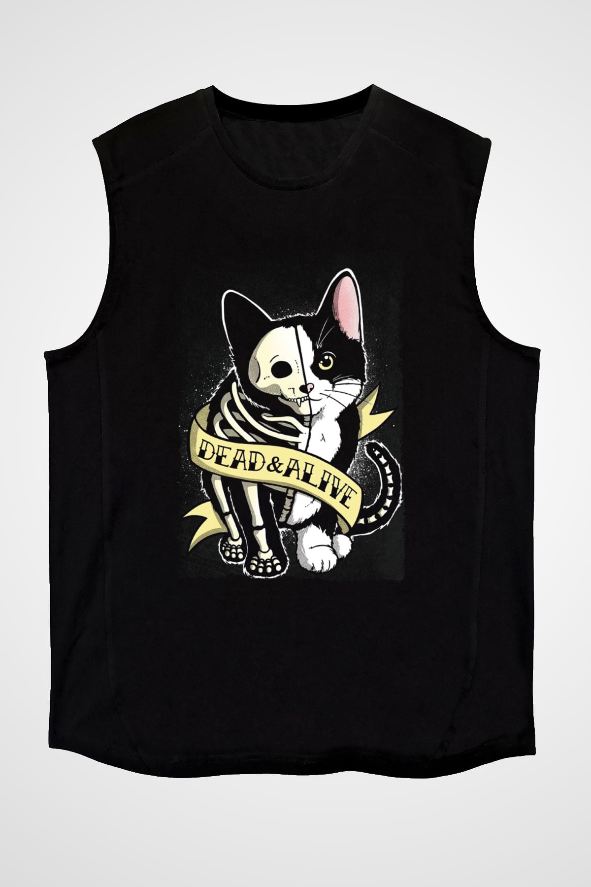Schrödinger'in Kedisi Canlı Ölü Baskılı Unisex Kolsuz Siyah Tişört - Tshirt