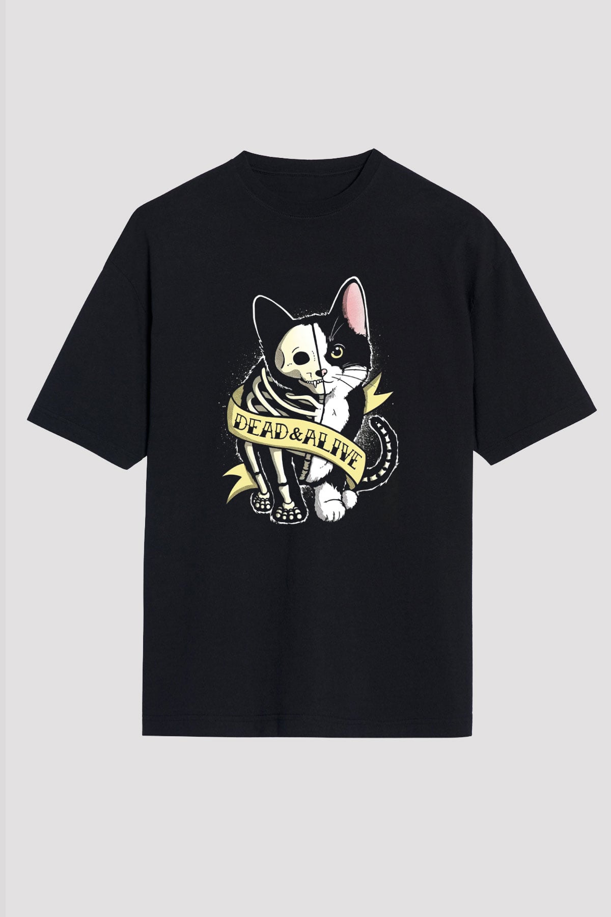 Schrödinger'in Kedisi Canlı Ölü Baskılı Unisex Oversize Tişört - Tshirt