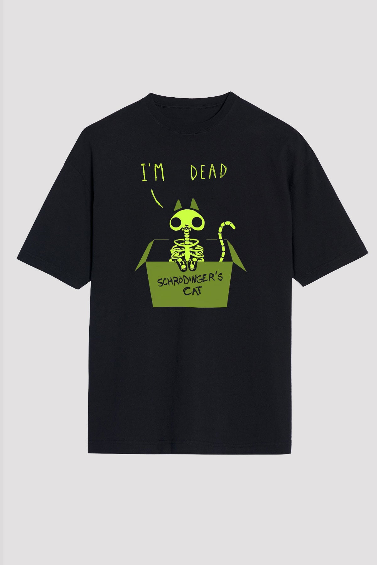 Schrödinger'in Kedisi İskelet Baskılı Unisex Oversize Tişört - Tshirt
