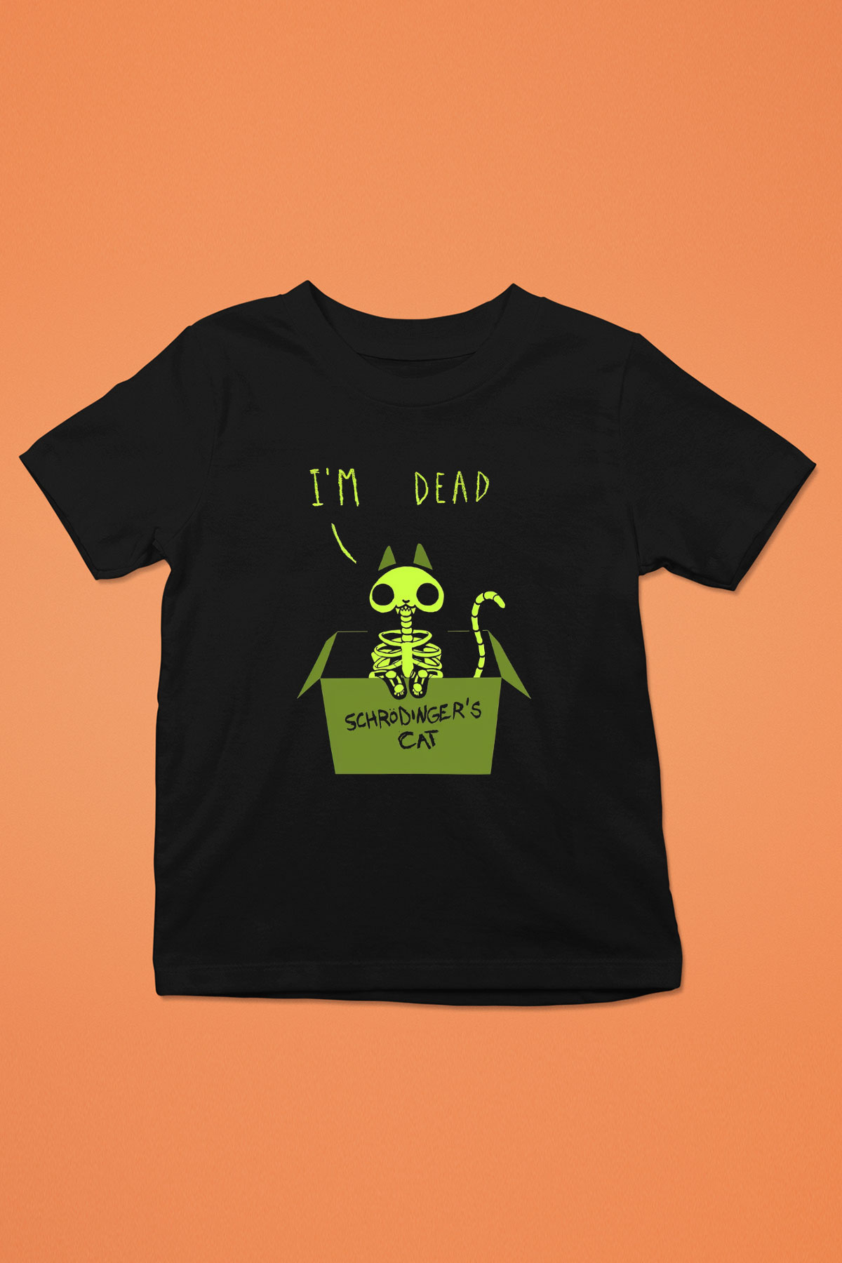 Schrödinger'in Kedisi İskelet Baskılı Unisex Siyah Çocuk Tişörtü - Tshirt