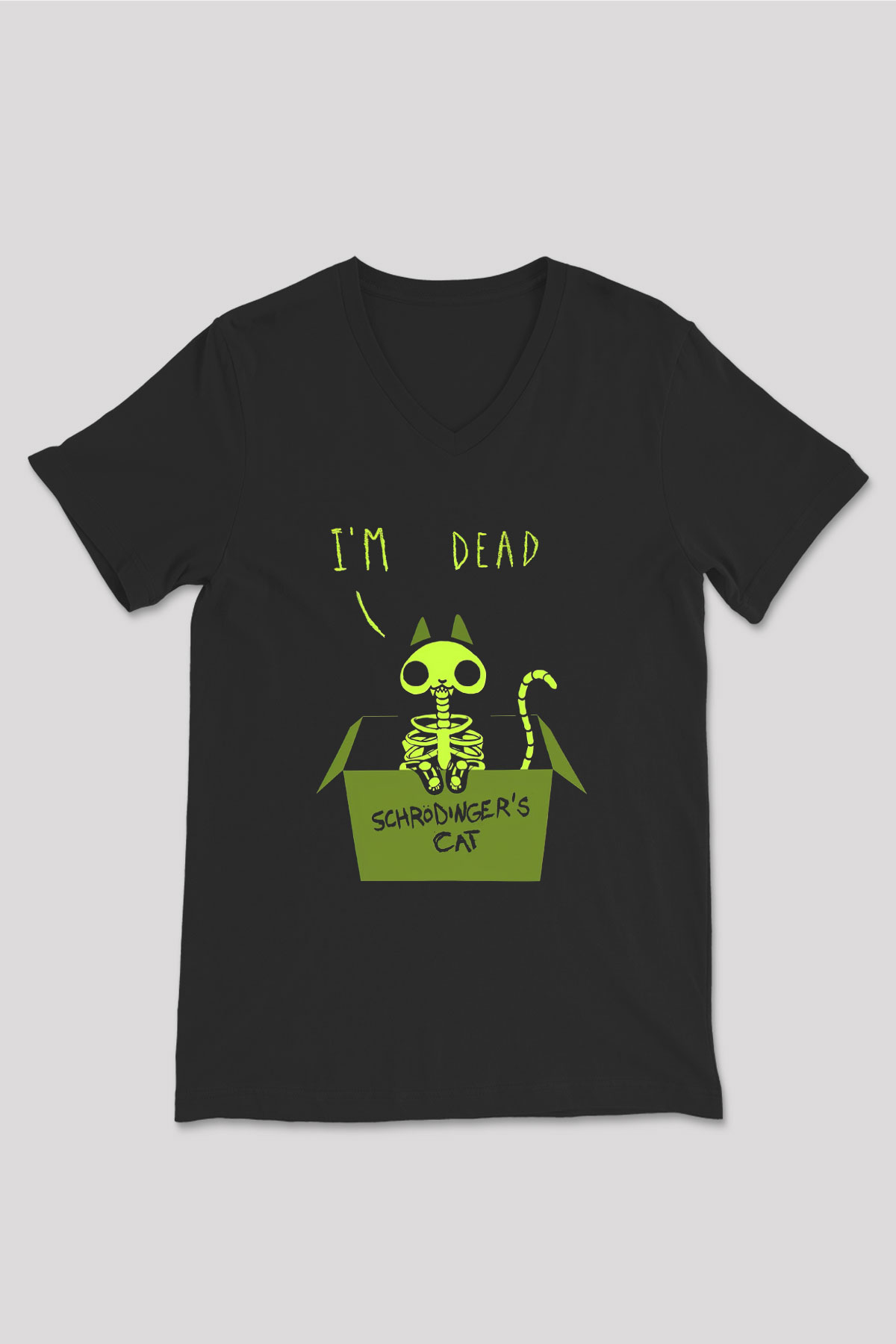 Schrödinger'in Kedisi İskelet Baskılı Unisex V Yaka Siyah Tİşört - Tshirt