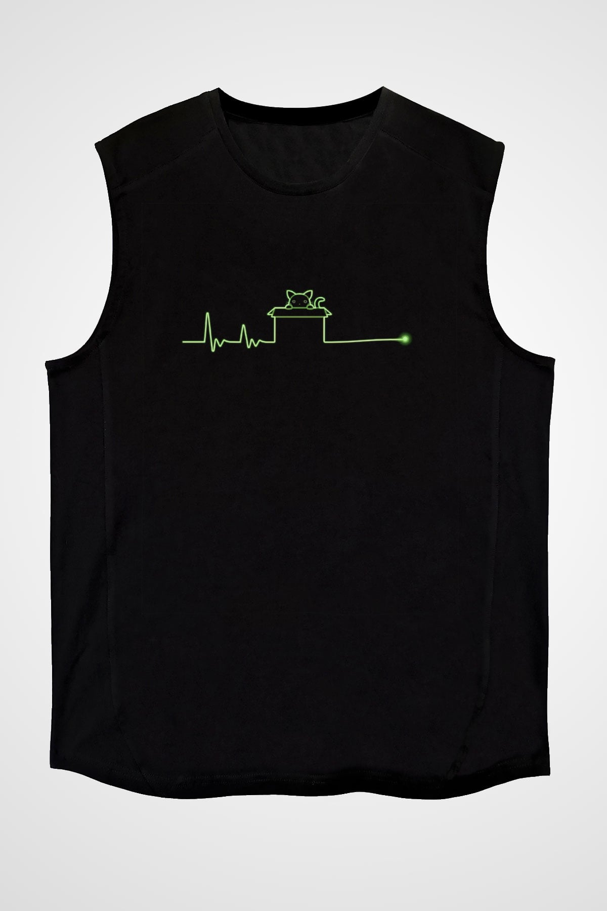 Schrödinger'in Kedisi Kalp Ritmi Baskılı Unisex Kolsuz Siyah Tişört - Tshirt